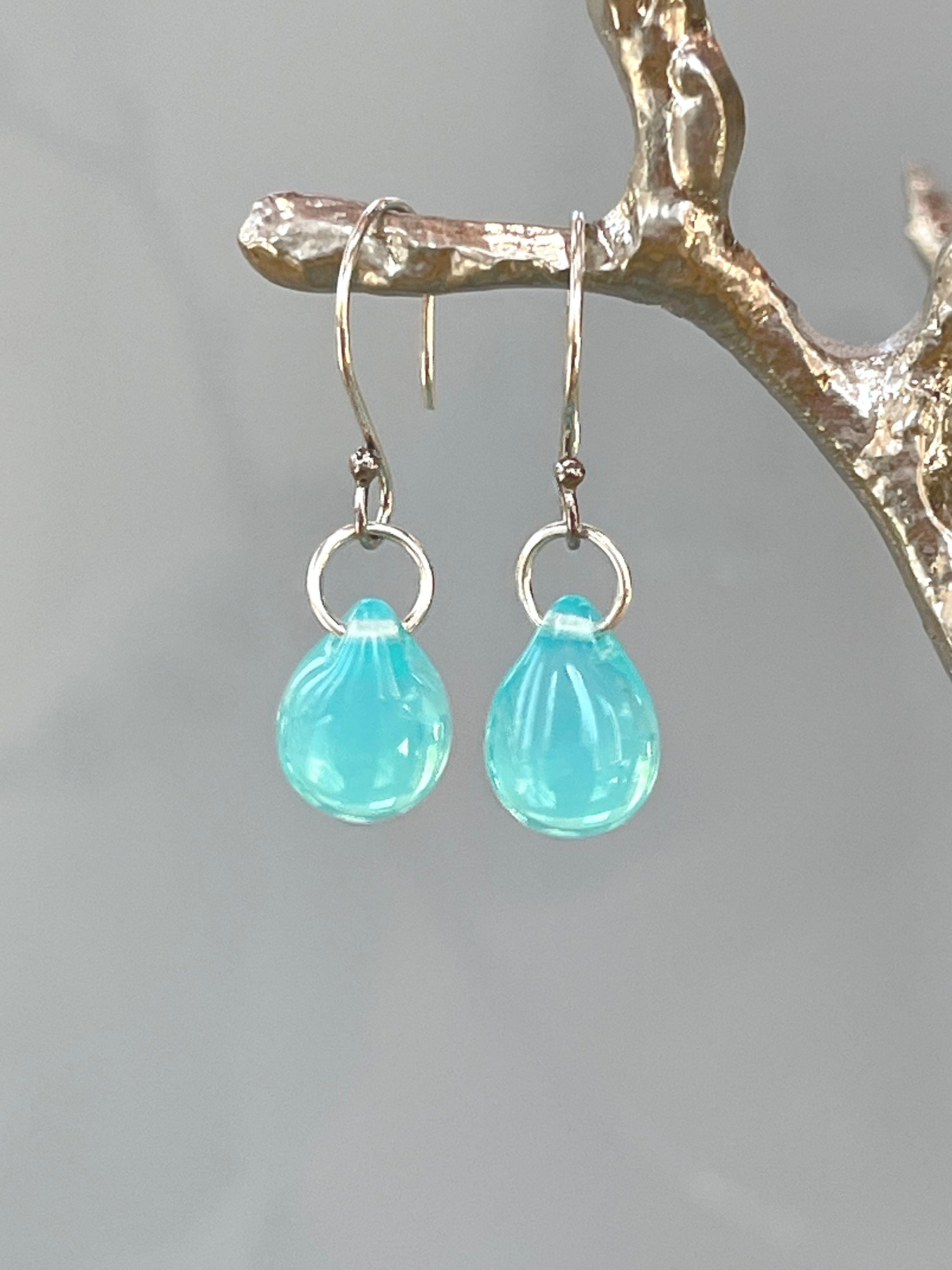 Rain Drop Earrings Aqua Art Glass Earrings sterling silver modern art glass earrings, beach glass, gift for wife, girlfriend