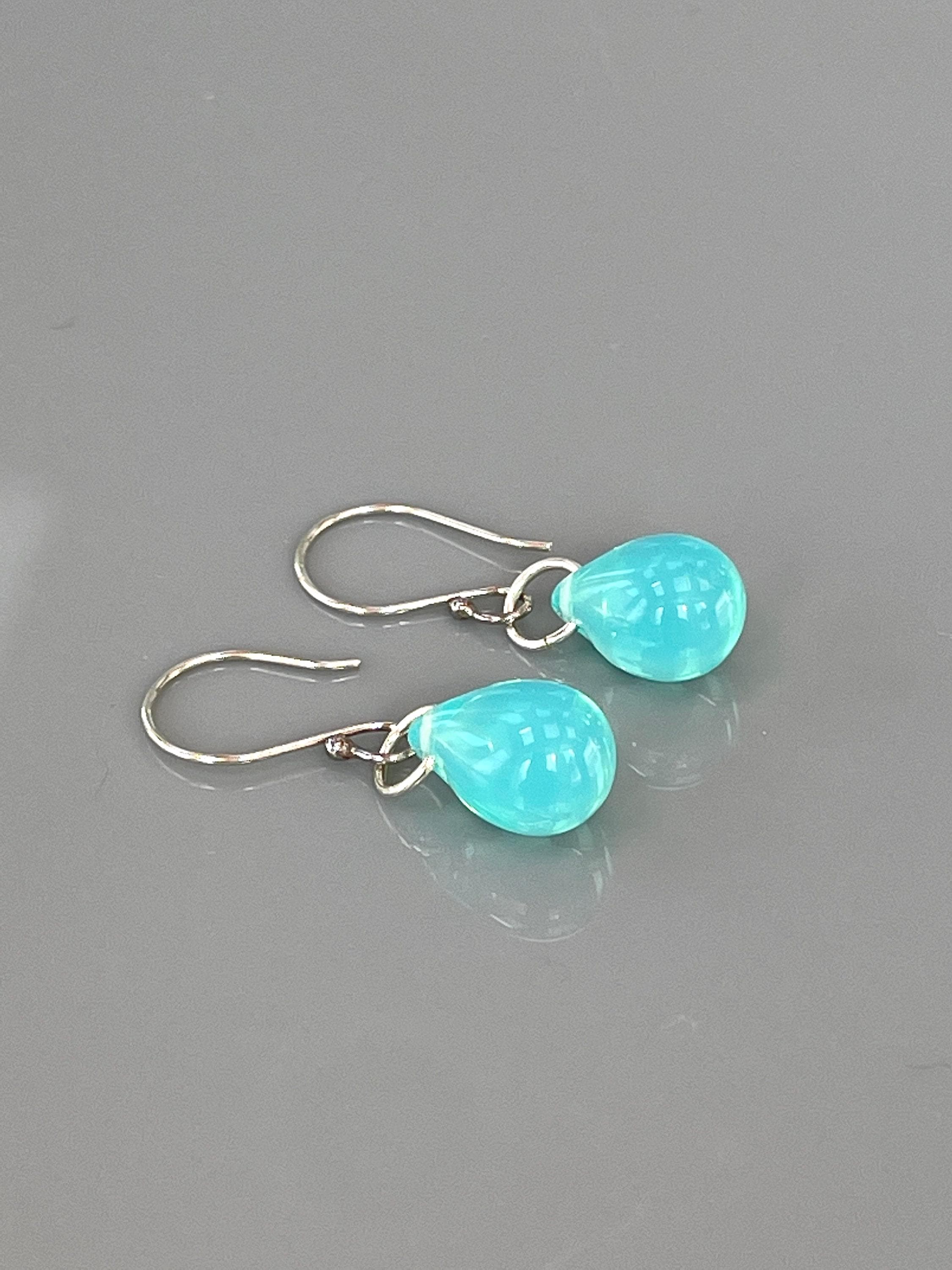 Rain Drop Earrings Aqua Art Glass Earrings sterling silver modern art glass earrings, beach glass, gift for wife, girlfriend