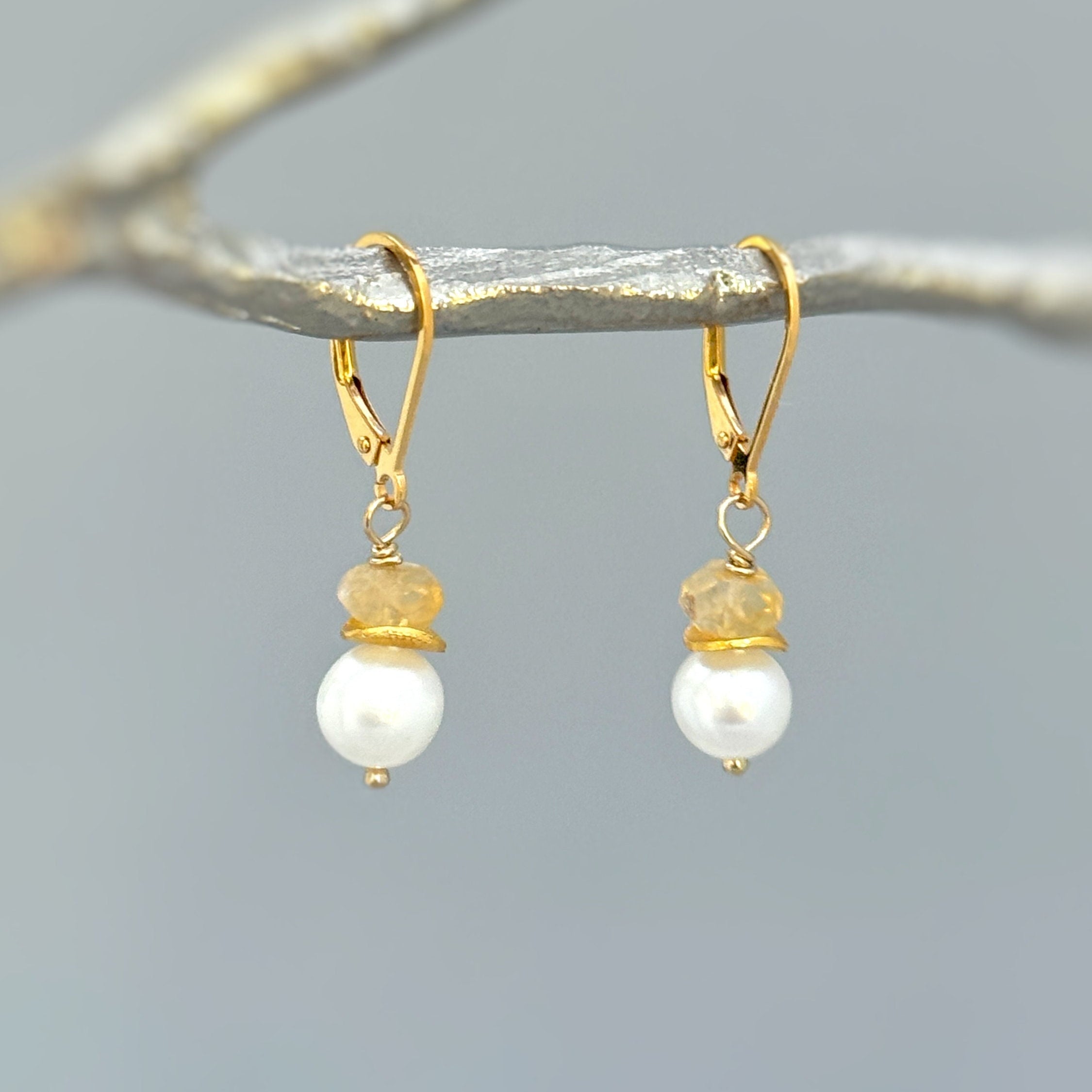 Dainty citrine gemstone and freshwater pearl earrings in sterling silver or 14k gold fill.
