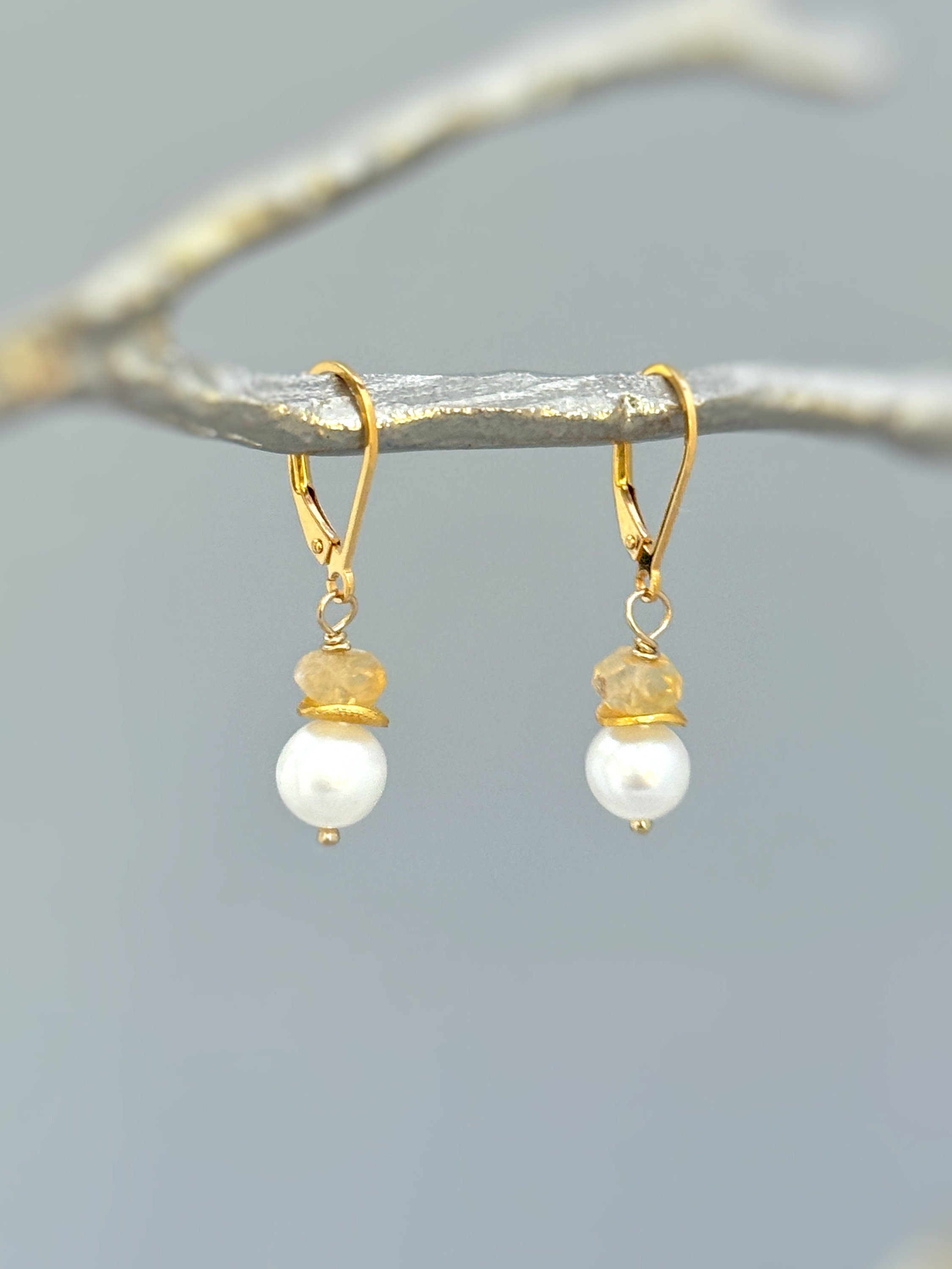 Dainty citrine gemstone and freshwater pearl earrings in sterling silver or 14k gold fill.