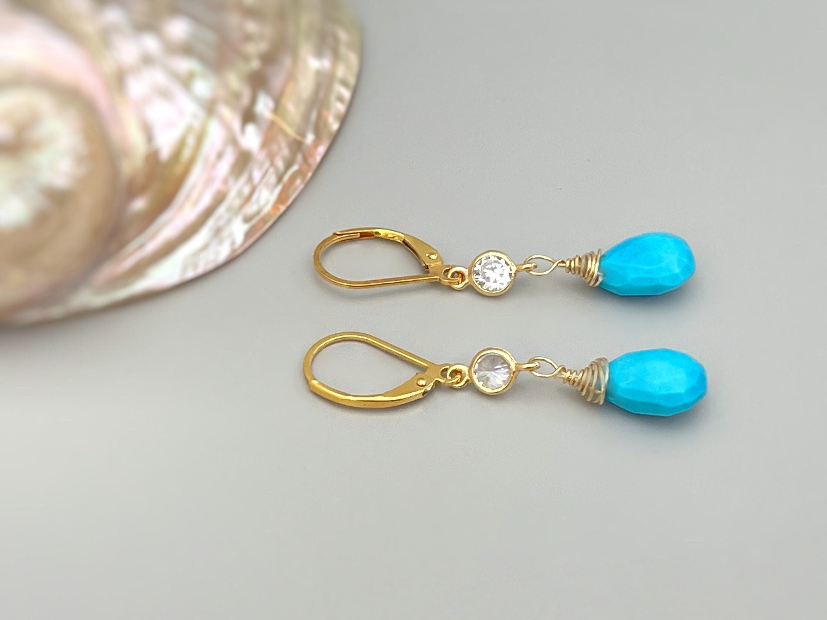Crystal and Turquoise earrings dangle, Gold, Silver