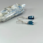 May include: A pair of silver earrings with blue gemstone drops. The gemstones are faceted and have a dark blue color. The earrings are hanging from silver hooks.