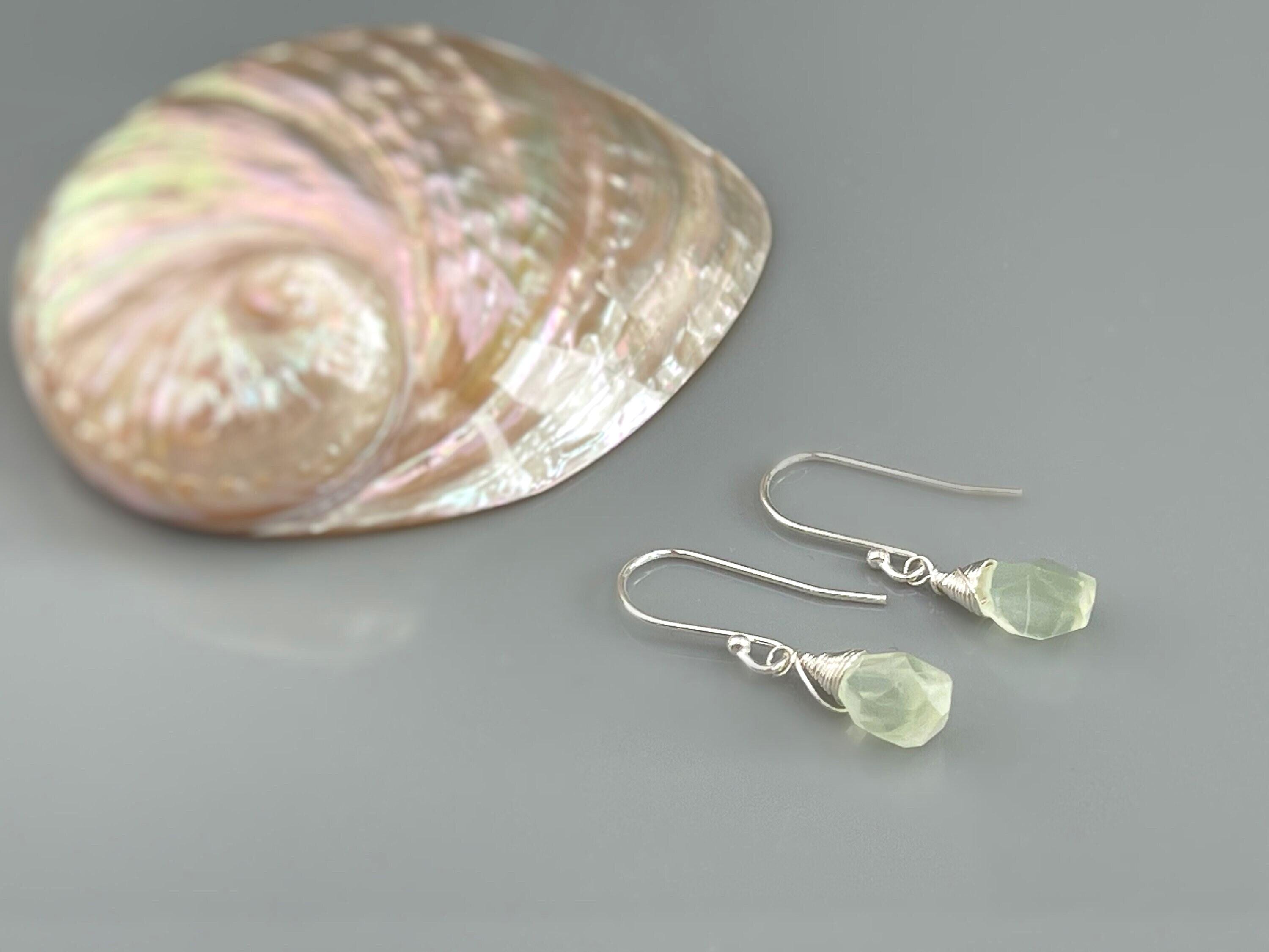 Prehnite Earrings Sterling Silver, Gold Fill, Rose Gold Dangling Raw Gemstone Earrings Mint Sage Green Handmade Boho Jewelry.