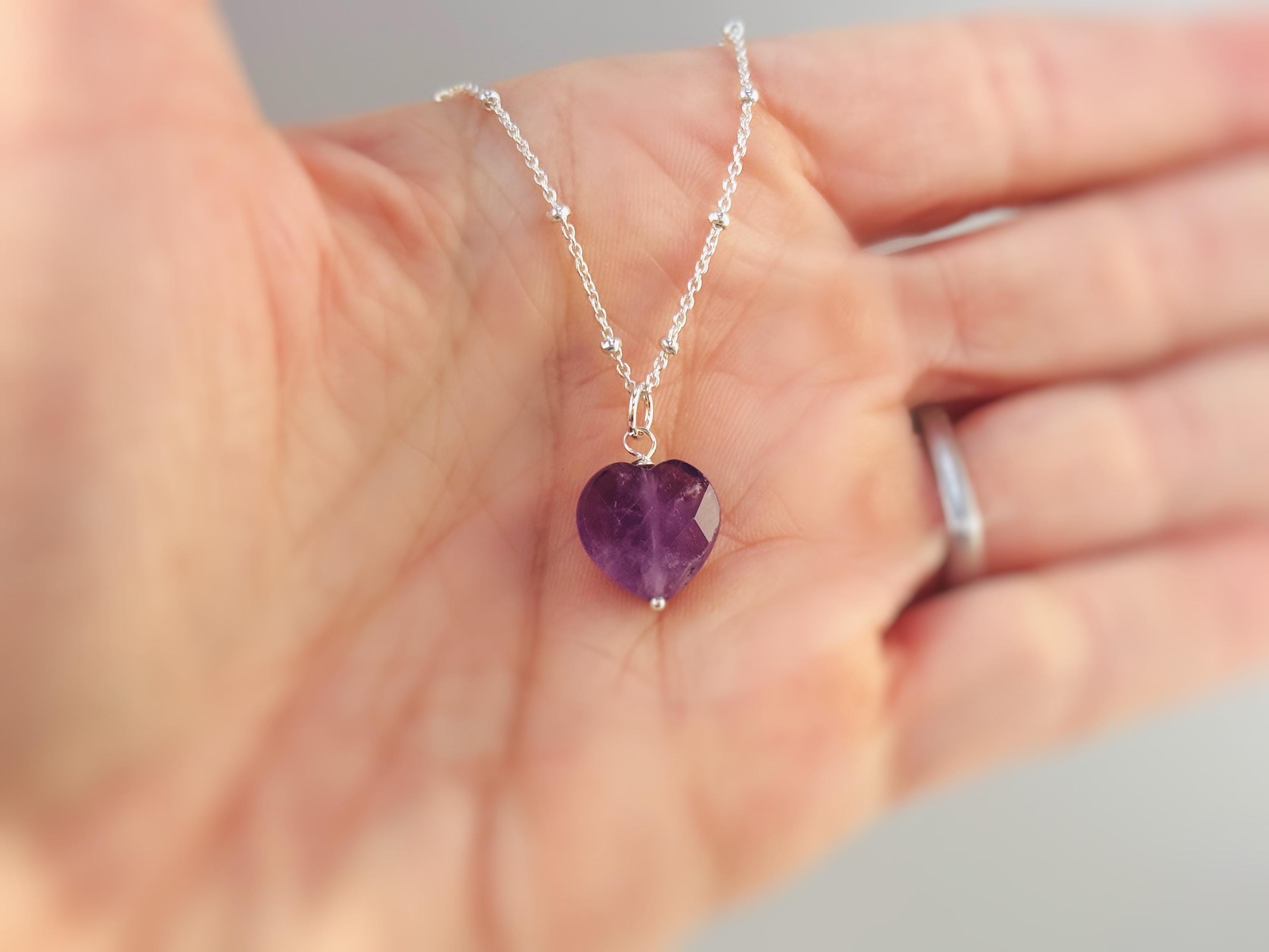 Amethyst Heart Necklace Silver, Gold, Rose Gold February birthstone gift for girlfriend, wife handmade purple gemstone pendant Valentines