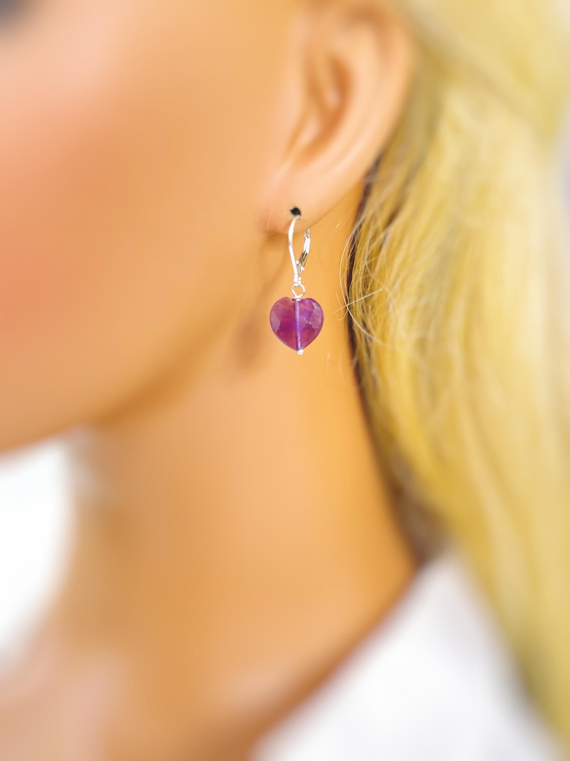 Amethyst Heart Earrings Dangle Sterling Silver, Gold, Rose Gold, February birthstone purple Valentines Day Jewelry gift for wife, mom, bff