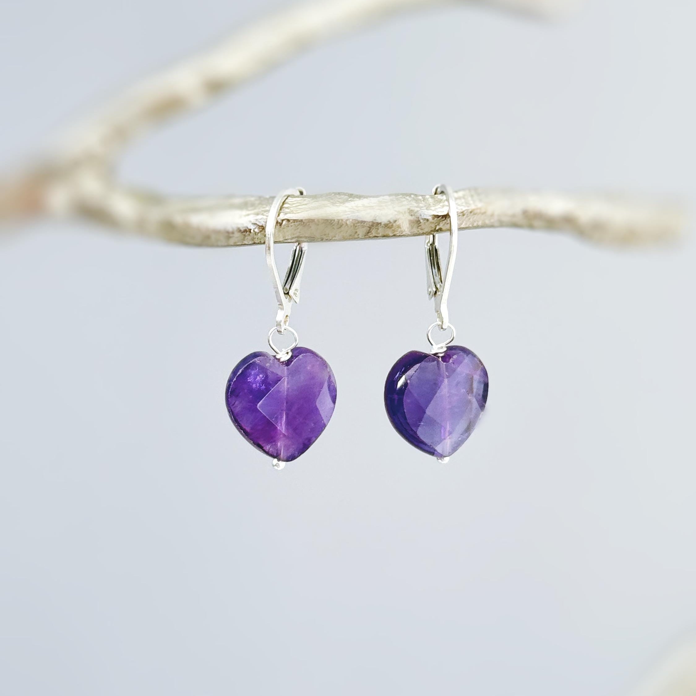 Amethyst Heart Earrings Dangle Sterling Silver, Gold, Rose Gold, February birthstone purple Valentines Day Jewelry gift for wife, mom, bff