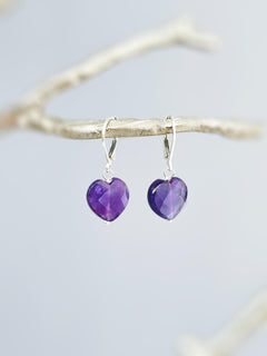 Amethyst Heart Earrings Dangle Sterling Silver, Gold, Rose Gold, February birthstone purple Valentines Day Jewelry gift for wife, mom, bff