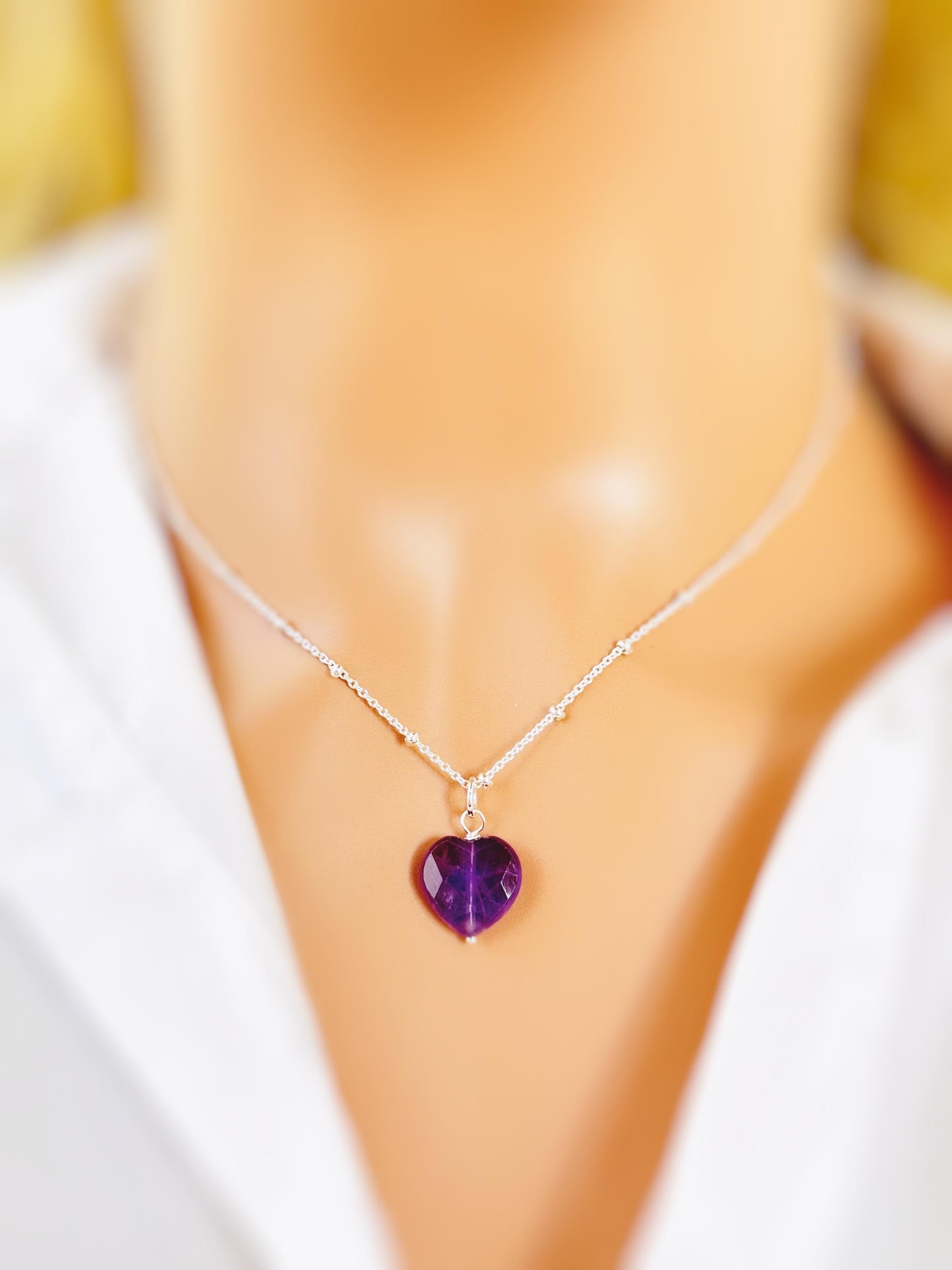 Amethyst Heart Necklace Silver, Gold, Rose Gold February birthstone gift for girlfriend, wife handmade purple gemstone pendant Valentines