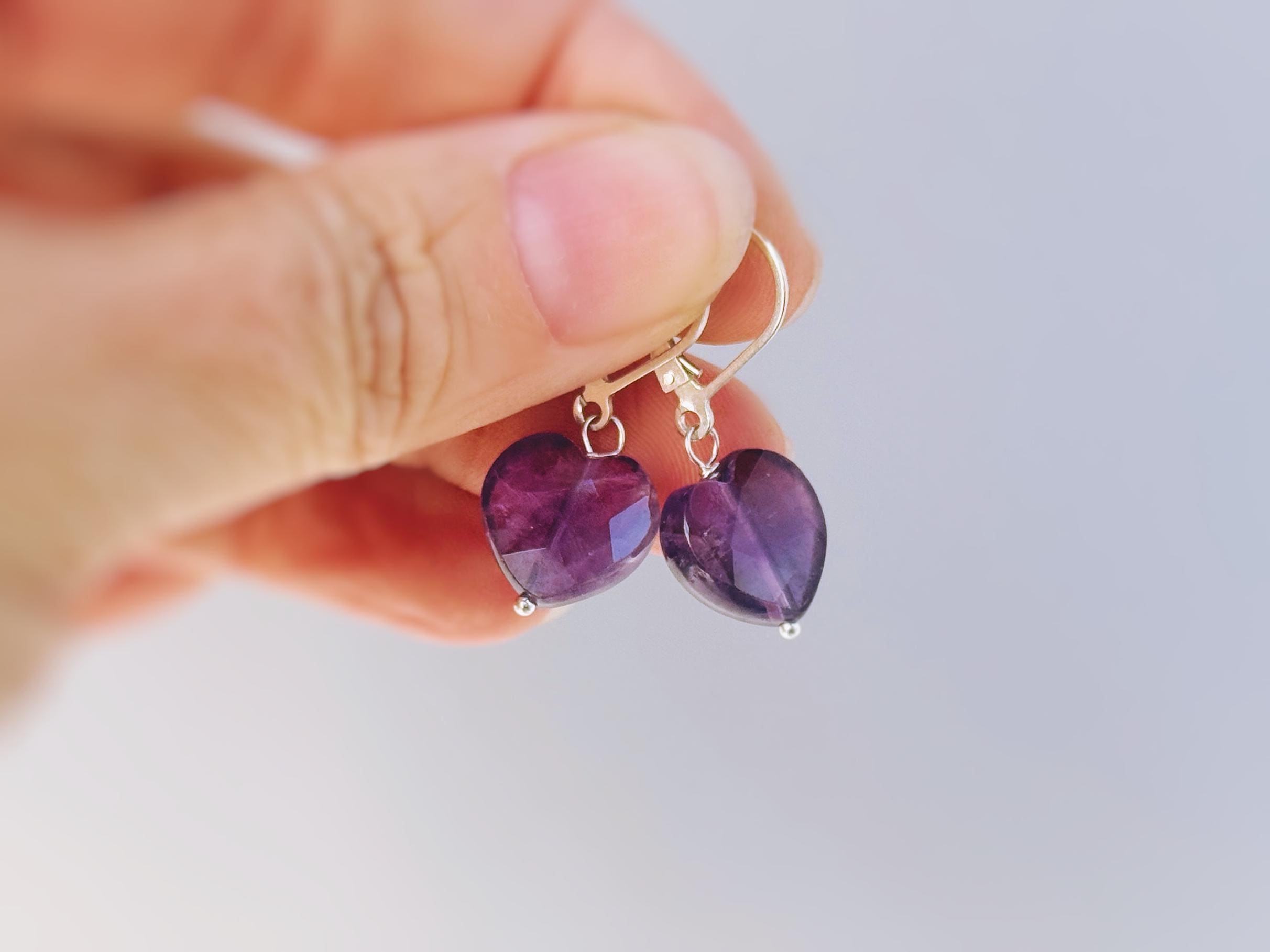 Amethyst Heart Earrings Dangle Sterling Silver, Gold, Rose Gold, February birthstone purple Valentines Day Jewelry gift for wife, mom, bff