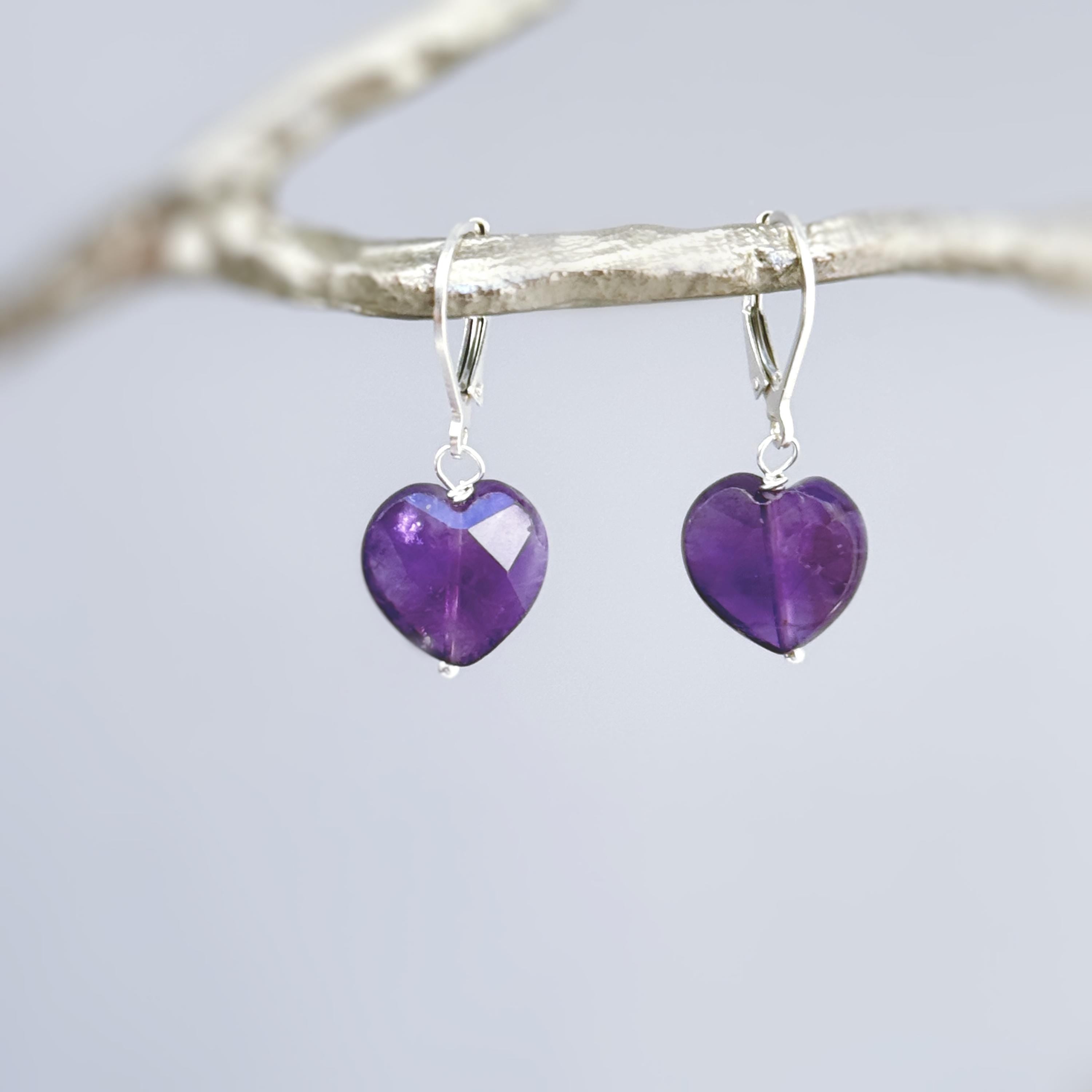 Amethyst Heart Earrings Dangle Sterling Silver, Gold, Rose Gold, February birthstone purple Valentines Day Jewelry gift for wife, mom, bff