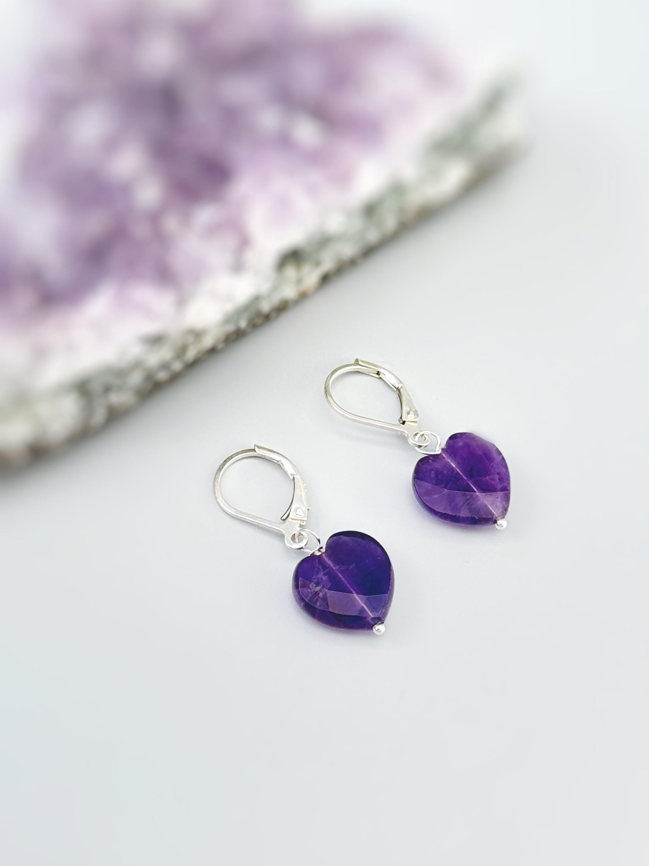 Amethyst Heart Earrings Dangle Sterling Silver, Gold, Rose Gold, February birthstone purple Valentines Day Jewelry gift for wife, mom, bff