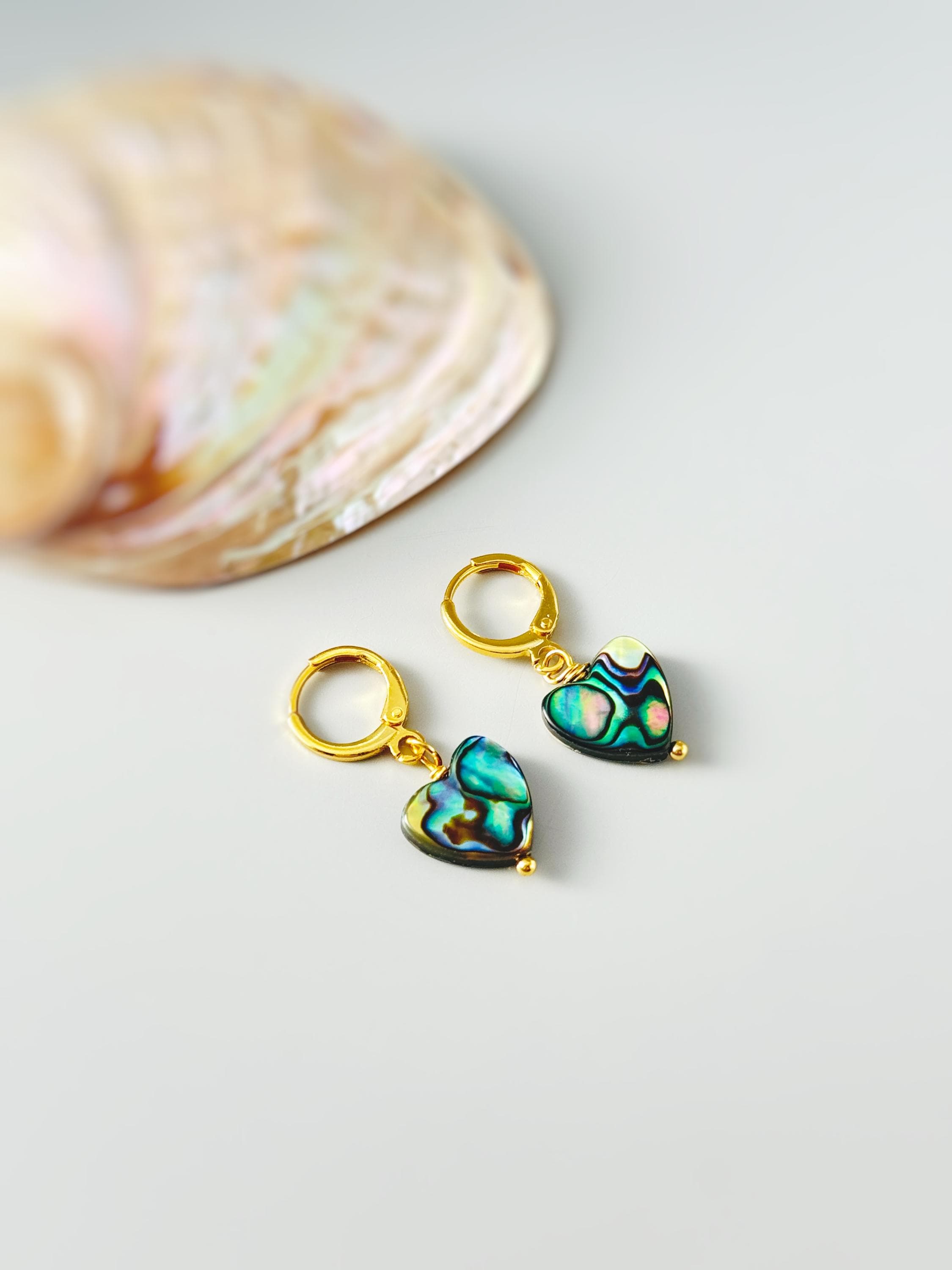Abalone Heart Earrings Huggie Hoops Gold, Silver, Rose Gold dangle handmade, colorful ocean beach wedding summer jewelry gift for surfers