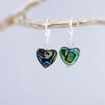 Abalone Heart Earrings Huggie Hoops Gold, Silver, Rose Gold dangle handmade, colorful ocean beach wedding summer jewelry gift for surfers