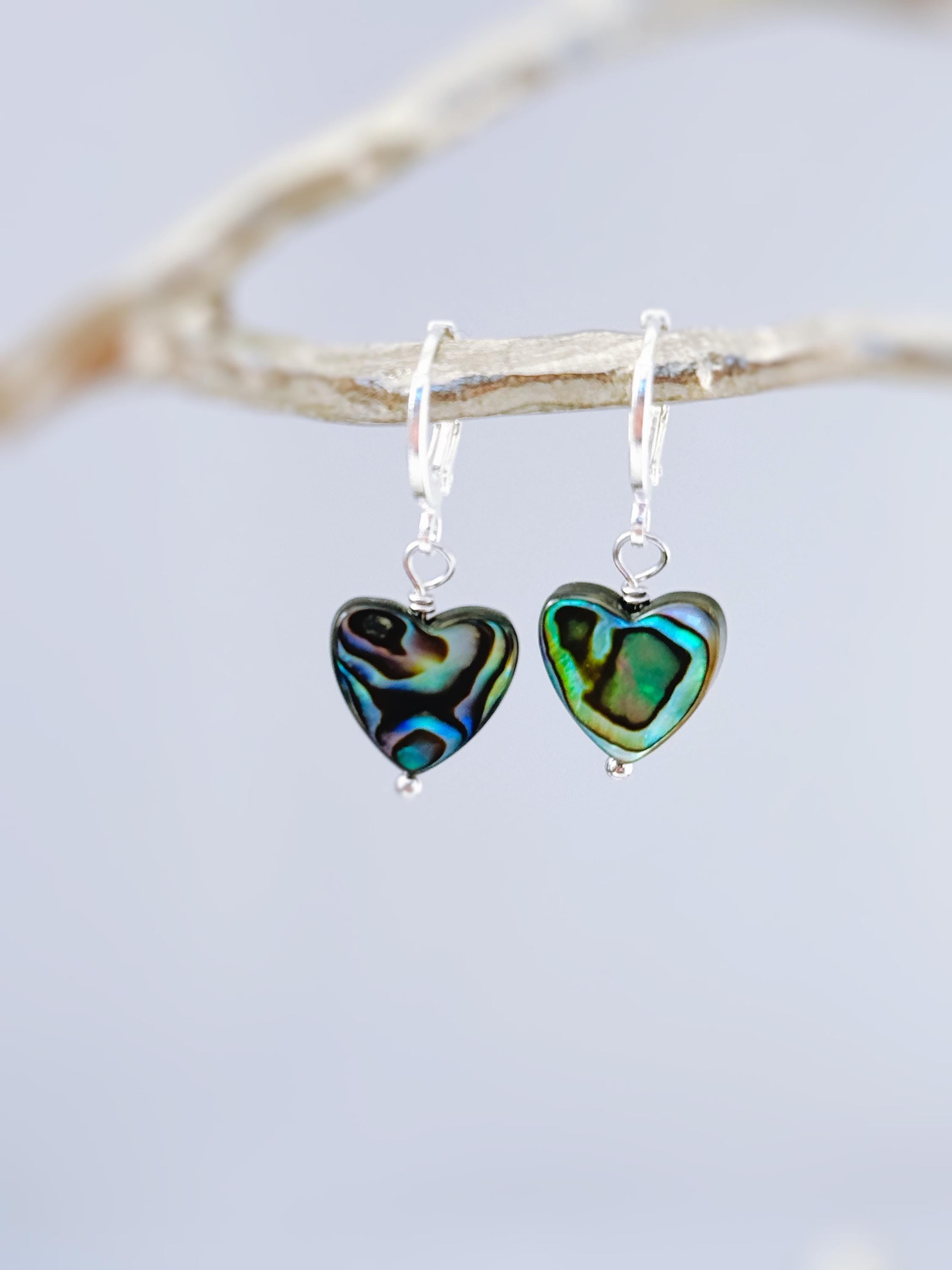 Abalone Heart Earrings Huggie Hoops Gold, Silver, Rose Gold dangle handmade, colorful ocean beach wedding summer jewelry gift for surfers