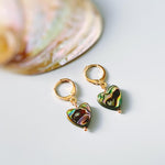 Abalone Heart Earrings Huggie Hoops Gold, Silver, Rose Gold dangle handmade, colorful ocean beach wedding summer jewelry gift for surfers