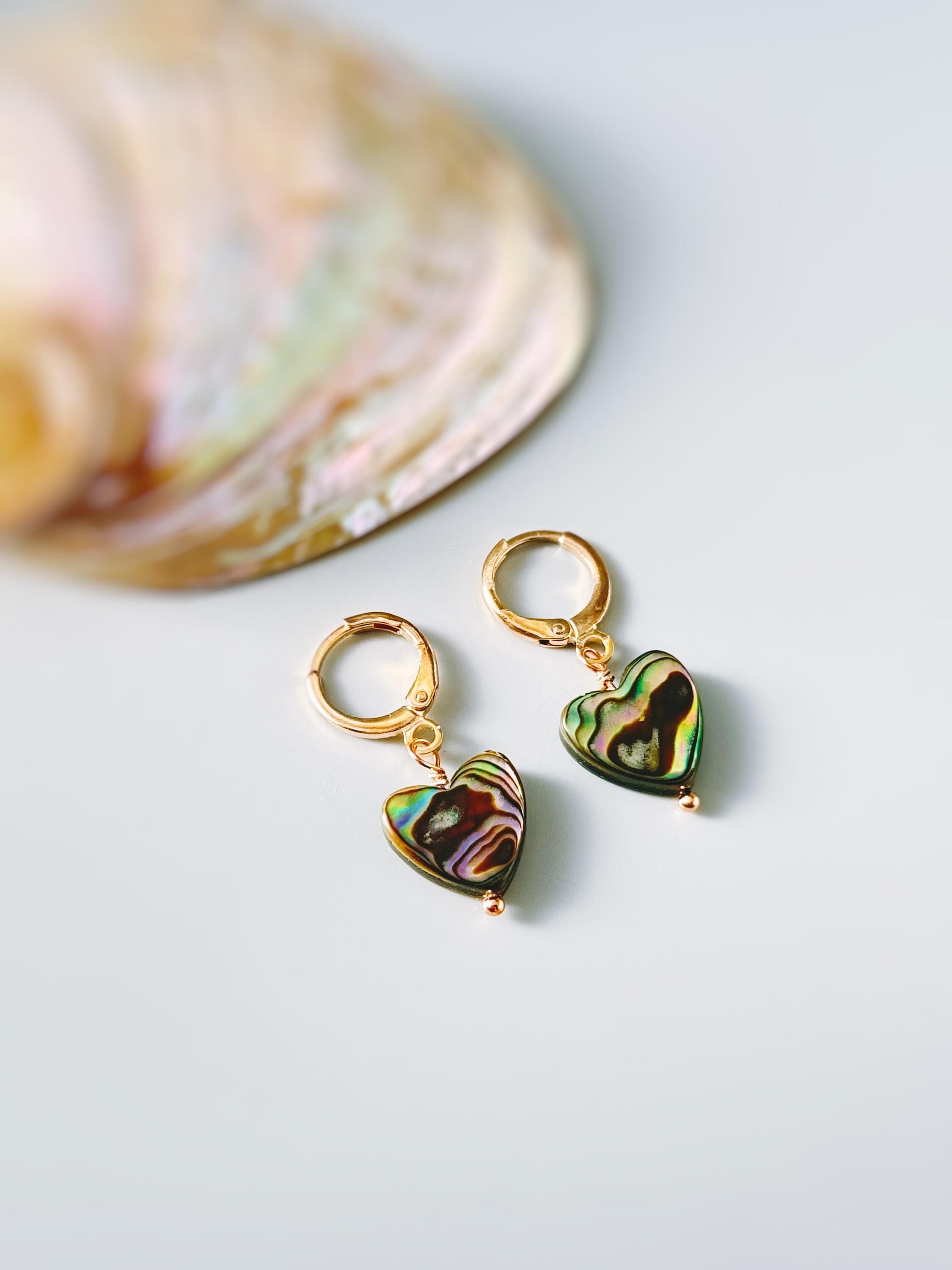 Abalone Heart Earrings Huggie Hoops Gold, Silver, Rose Gold dangle handmade, colorful ocean beach wedding summer jewelry gift for surfers