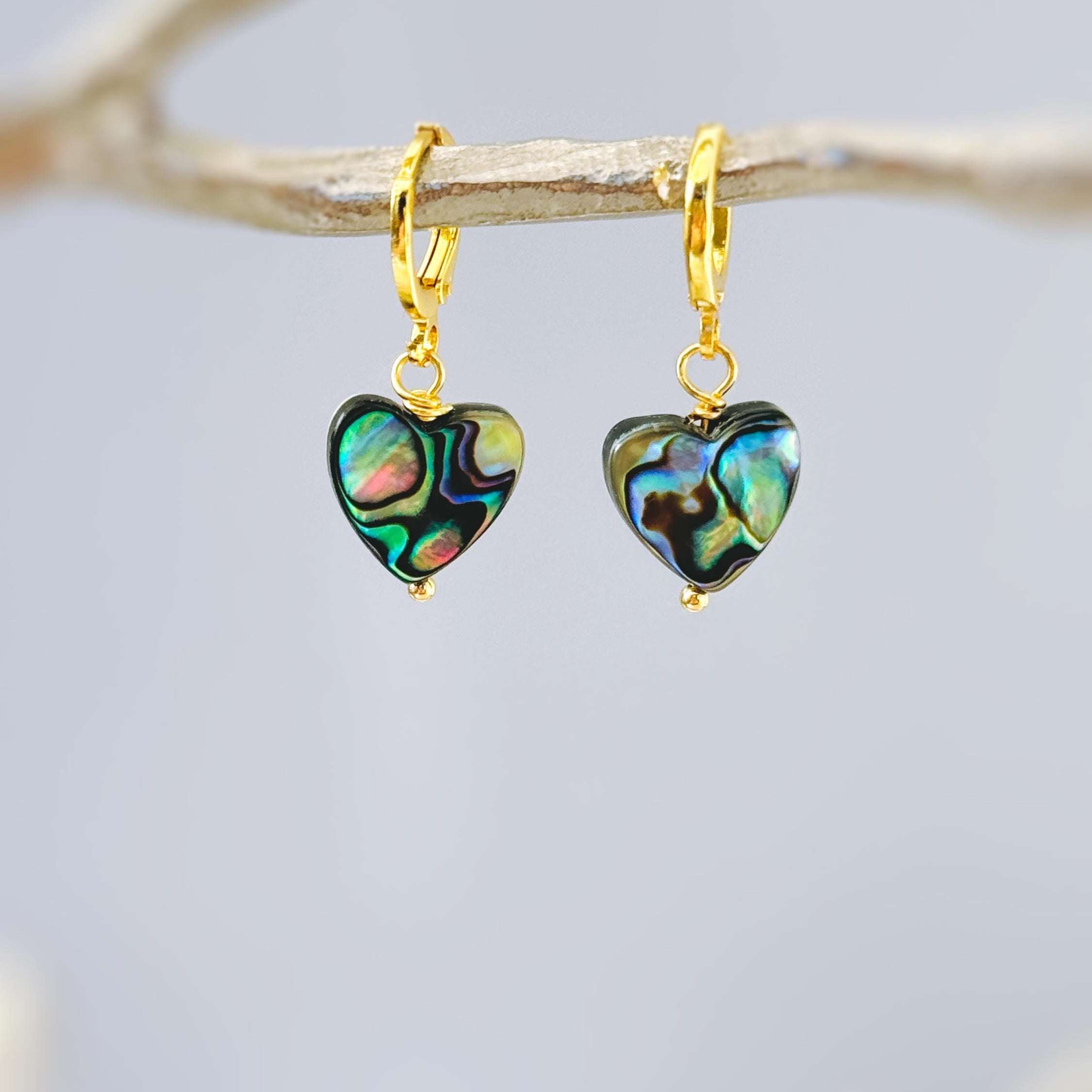 Abalone Heart Earrings Huggie Hoops Gold, Silver, Rose Gold dangle handmade, colorful ocean beach wedding summer jewelry gift for surfers