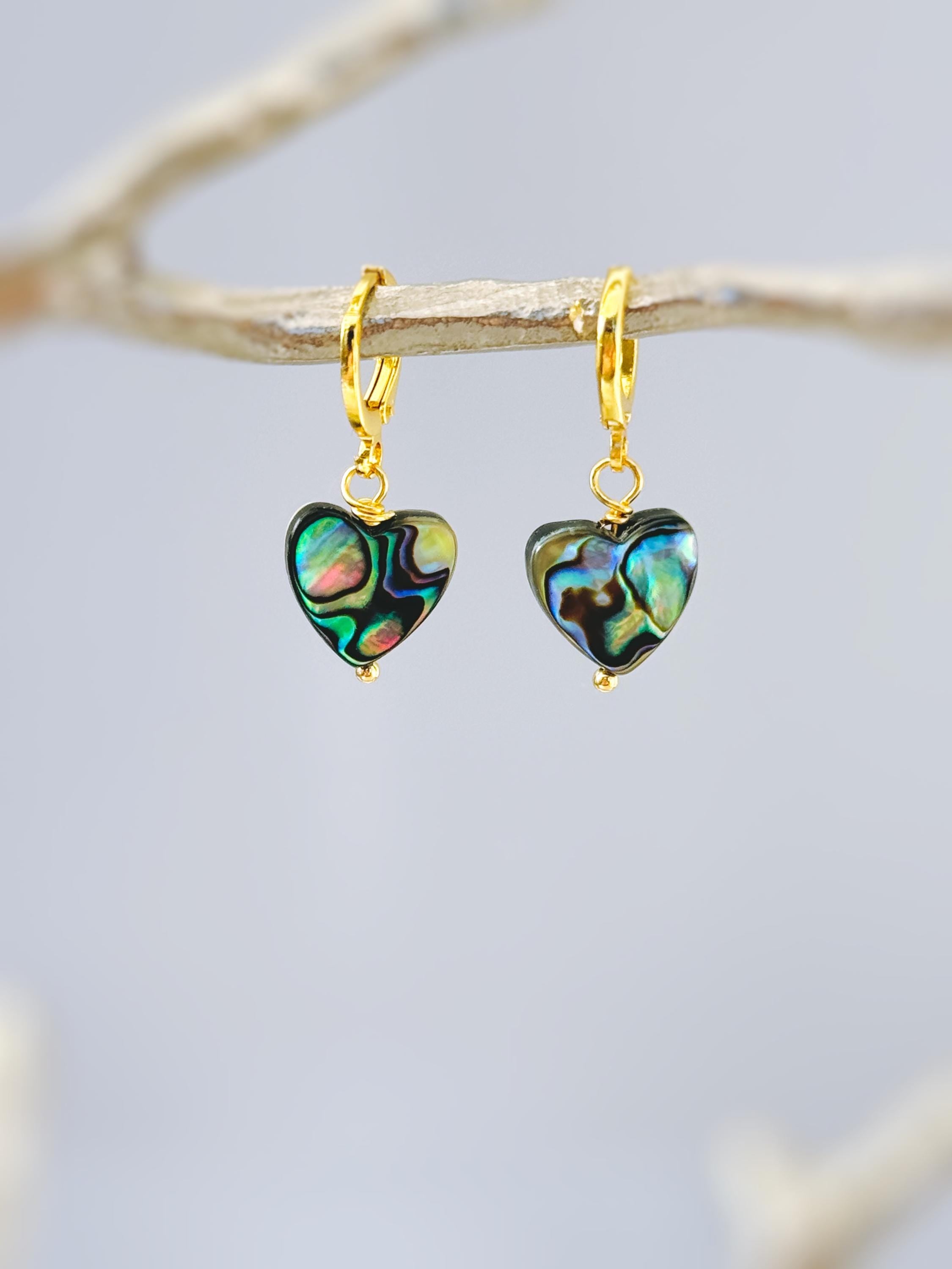 Abalone Heart Earrings Huggie Hoops Gold, Silver, Rose Gold dangle handmade, colorful ocean beach wedding summer jewelry gift for surfers