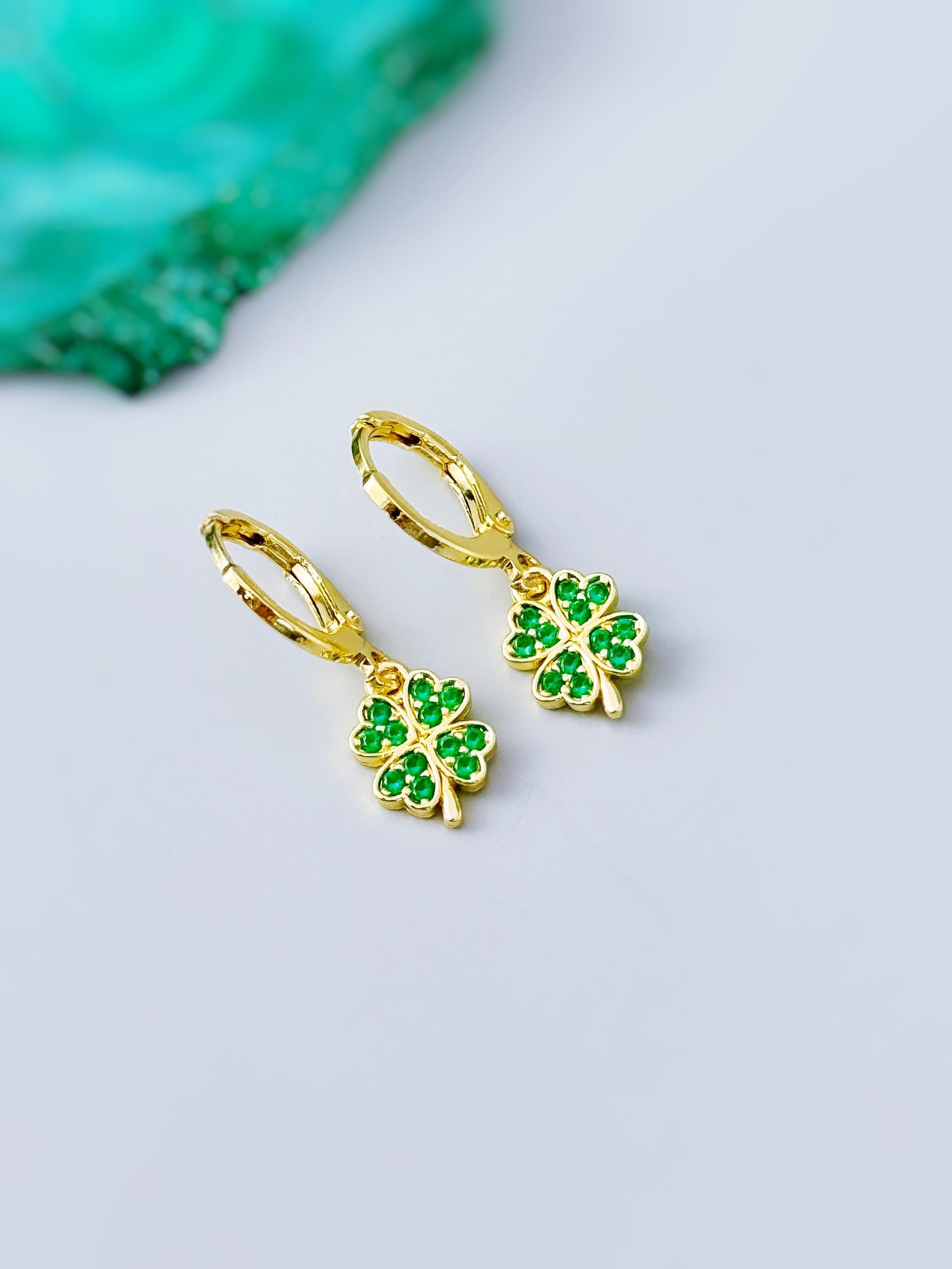Lucky Four Leaf Clover Earrings Dangle Silver, Gold Huggie Hoops Crystal charm Emerald Green Shamrock Irish jewelry colorful St Patricks day