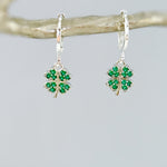 Lucky Four Leaf Clover Earrings Dangle Silver, Gold Huggie Hoops Crystal charm Emerald Green Shamrock Irish jewelry colorful St Patricks day