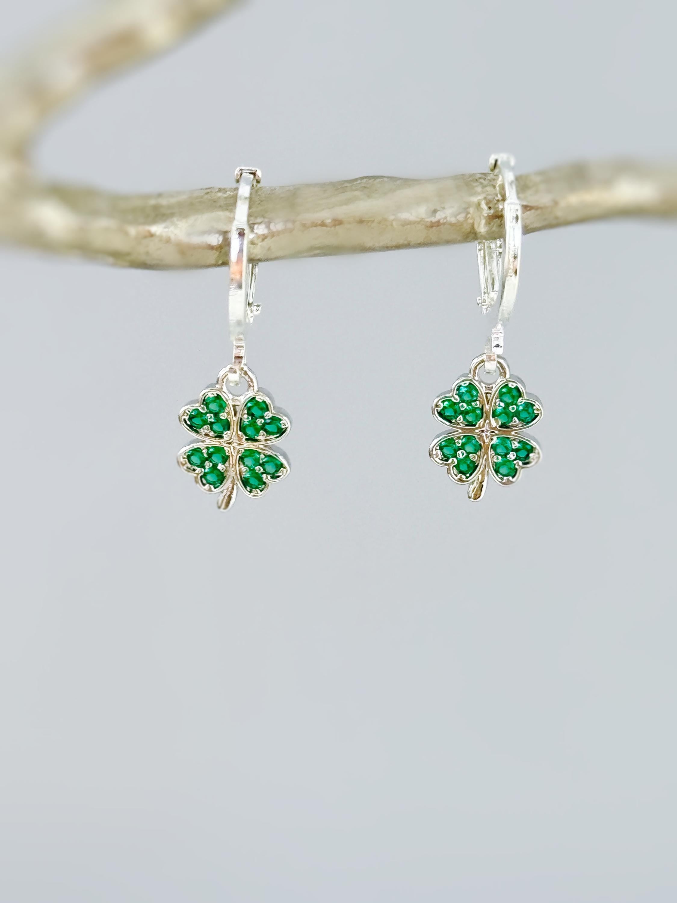Lucky Four Leaf Clover Earrings Dangle Silver, Gold Huggie Hoops Crystal charm Emerald Green Shamrock Irish jewelry colorful St Patricks day