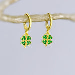 Lucky Four Leaf Clover Earrings Dangle Gold, Silver Huggie Hoops Crystal charm Emerald Green Shamrock Irish jewelry colorful St Patricks day gift for her, women friend sister