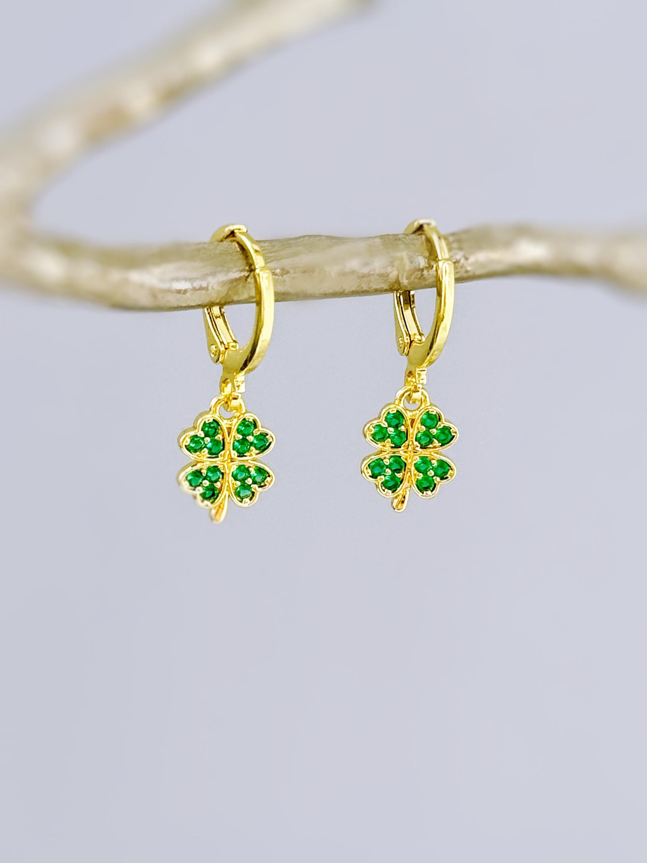 Lucky Four Leaf Clover Earrings Dangle Gold, Silver Huggie Hoops Crystal charm Emerald Green Shamrock Irish jewelry colorful St Patricks day gift for her, women friend sister