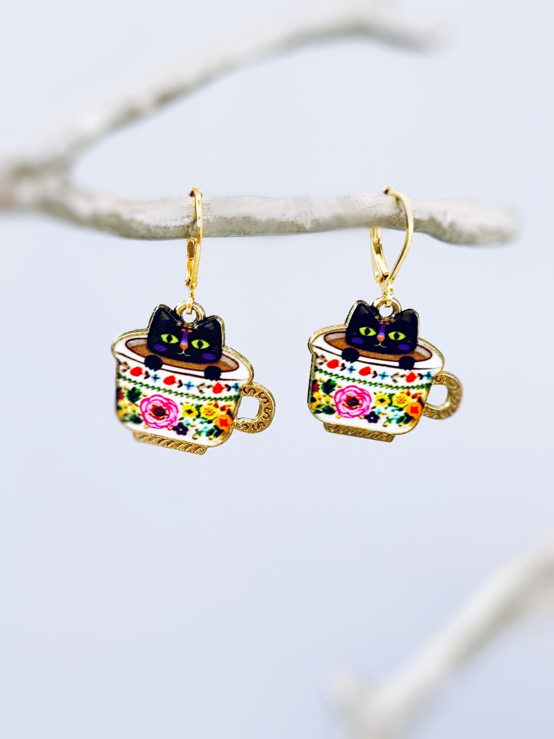 Colorful Teacup Black Cat Earrings dangle gold leverbacks fun quirky kawaii kitten jewelry unique gift for her animal lovers veterinarians, vet techs