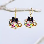 Colorful Teacup Black Cat Earrings dangle gold fun quirky kawaii kitten jewelry unique gift for her animal lovers veterinarians, vet techs