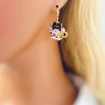Colorful Teacup Black Cat Earrings dangle gold fun quirky kawaii kitten jewelry unique gift for her animal lovers veterinarians, vet techs