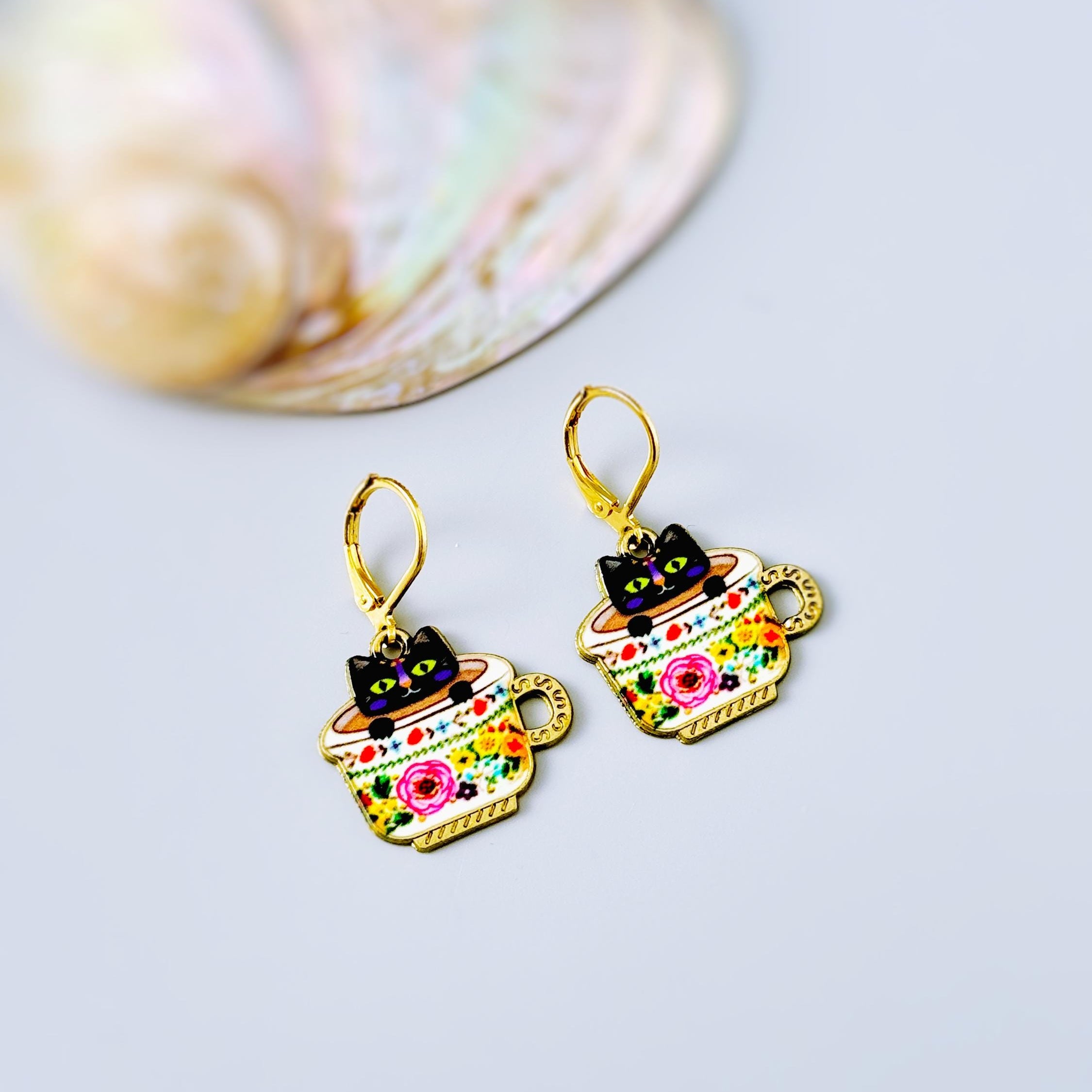 Colorful Teacup Black Cat Earrings dangle gold leverbacks fun quirky kawaii kitten jewelry unique gift for her animal lovers veterinarians, vet techs