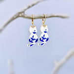 White Cat Earrings gold dangle Cat Jewelry, Gold Leverbacks, Blue Porcelain Earrings Chinoiserie style Cat Lover Gift for veterinarians, vet