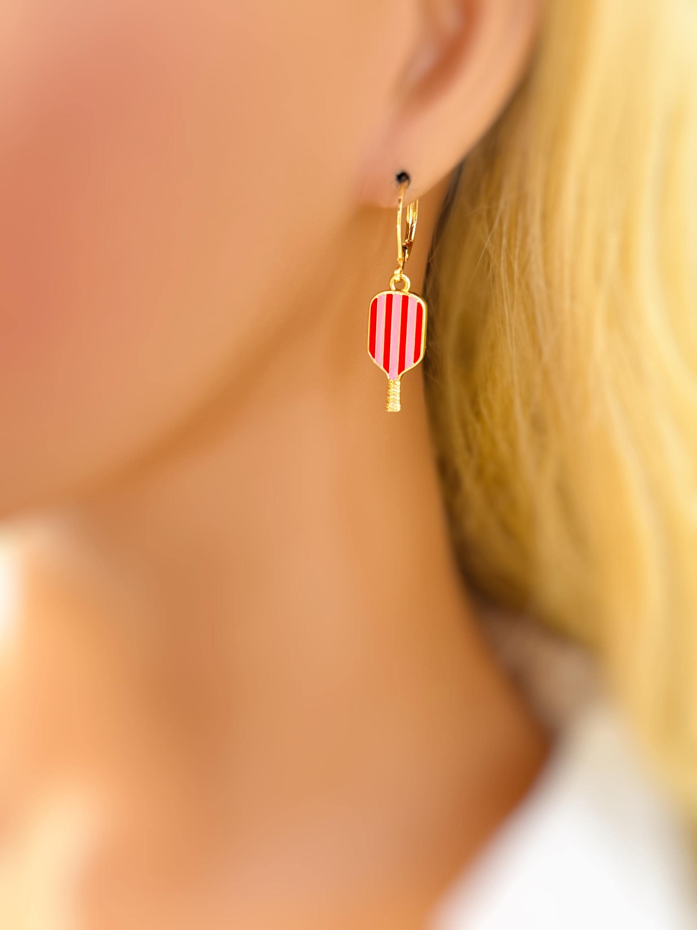 Pickleball Earrings gold dangle leverbacks colorful enamel racquet pickleball player jewelry gift for her sporty cute fitness accessories