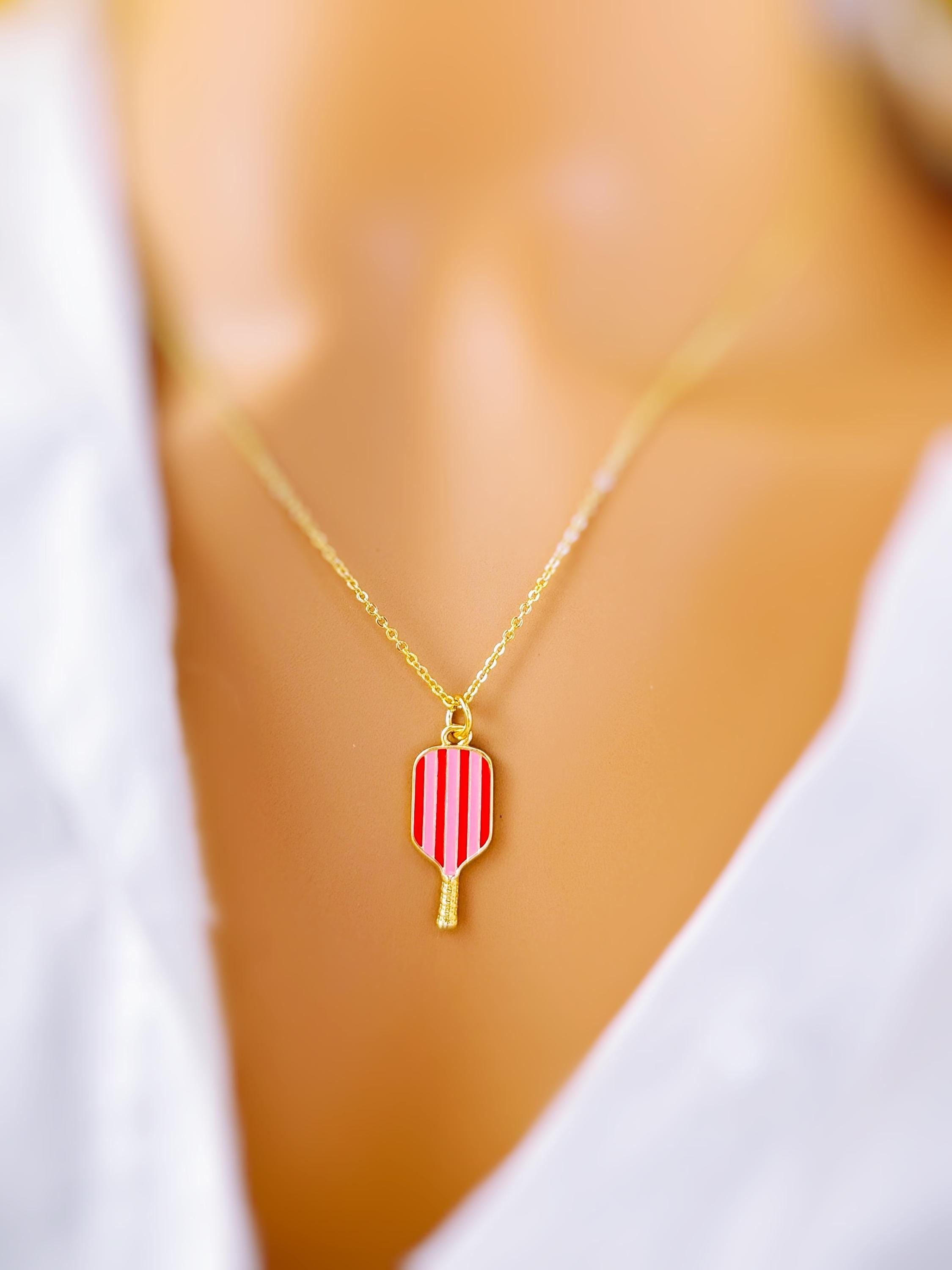 Pickleball Necklace, gold colorful enamel racquet pickleball player jewelry gift for her unique sporty cute fitness accessories for women