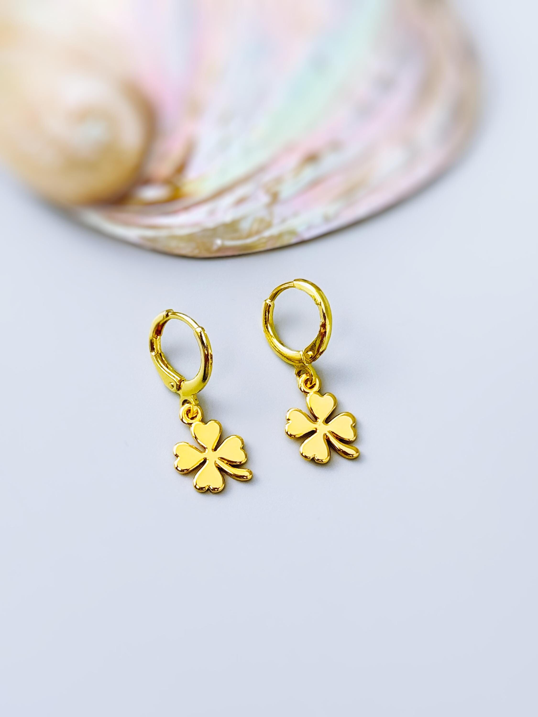 Dainty Gold Four Leaf Clover Earrings Dangle Minimalist Huggie Hoops lucky Shamrock charm Irish jewelry St Patricks day gift for her, women