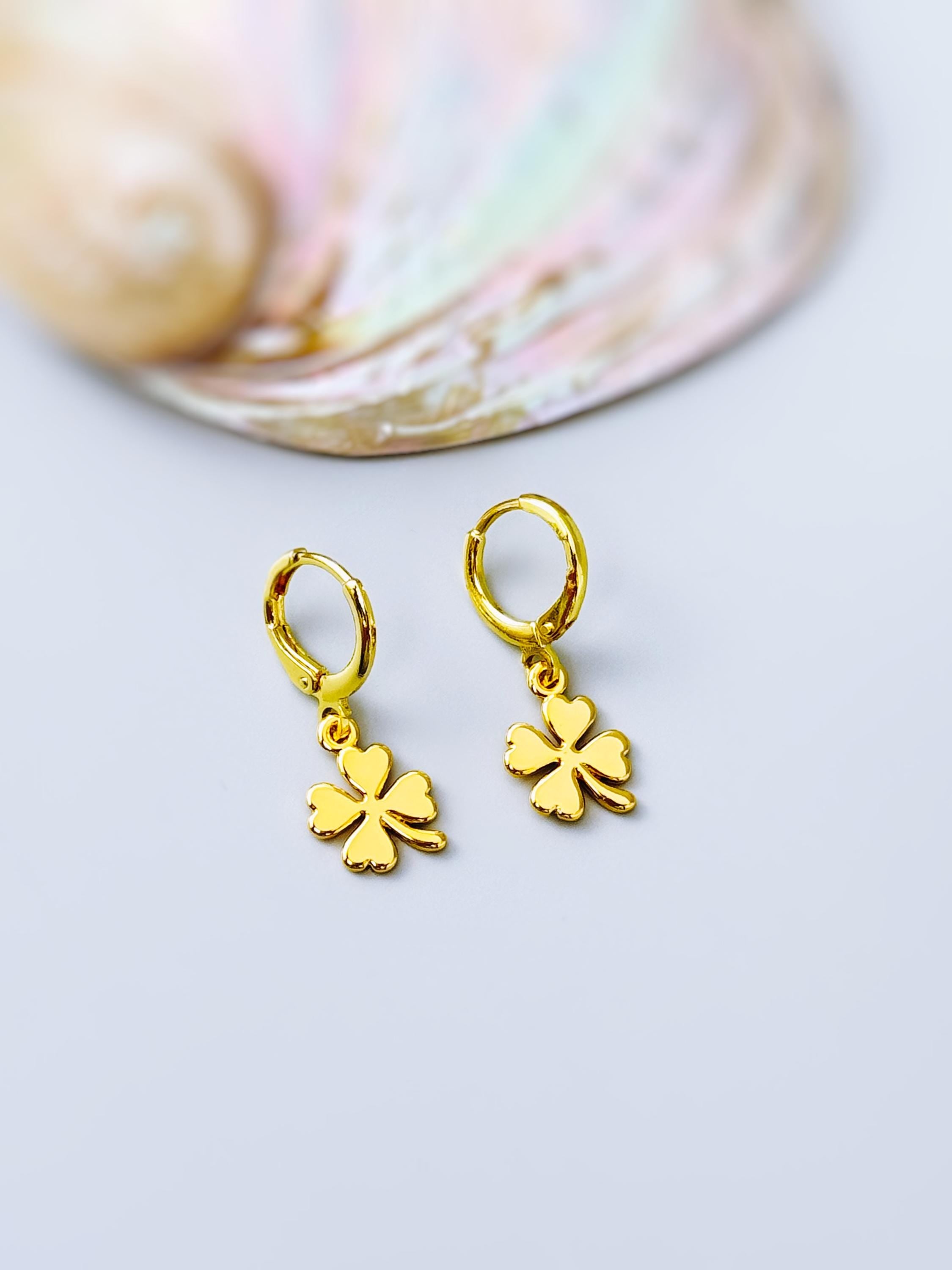 Dainty Gold Four Leaf Clover Earrings Dangle Minimalist Huggie Hoops lucky Shamrock charm Irish jewelry St Patricks day gift for her, women
