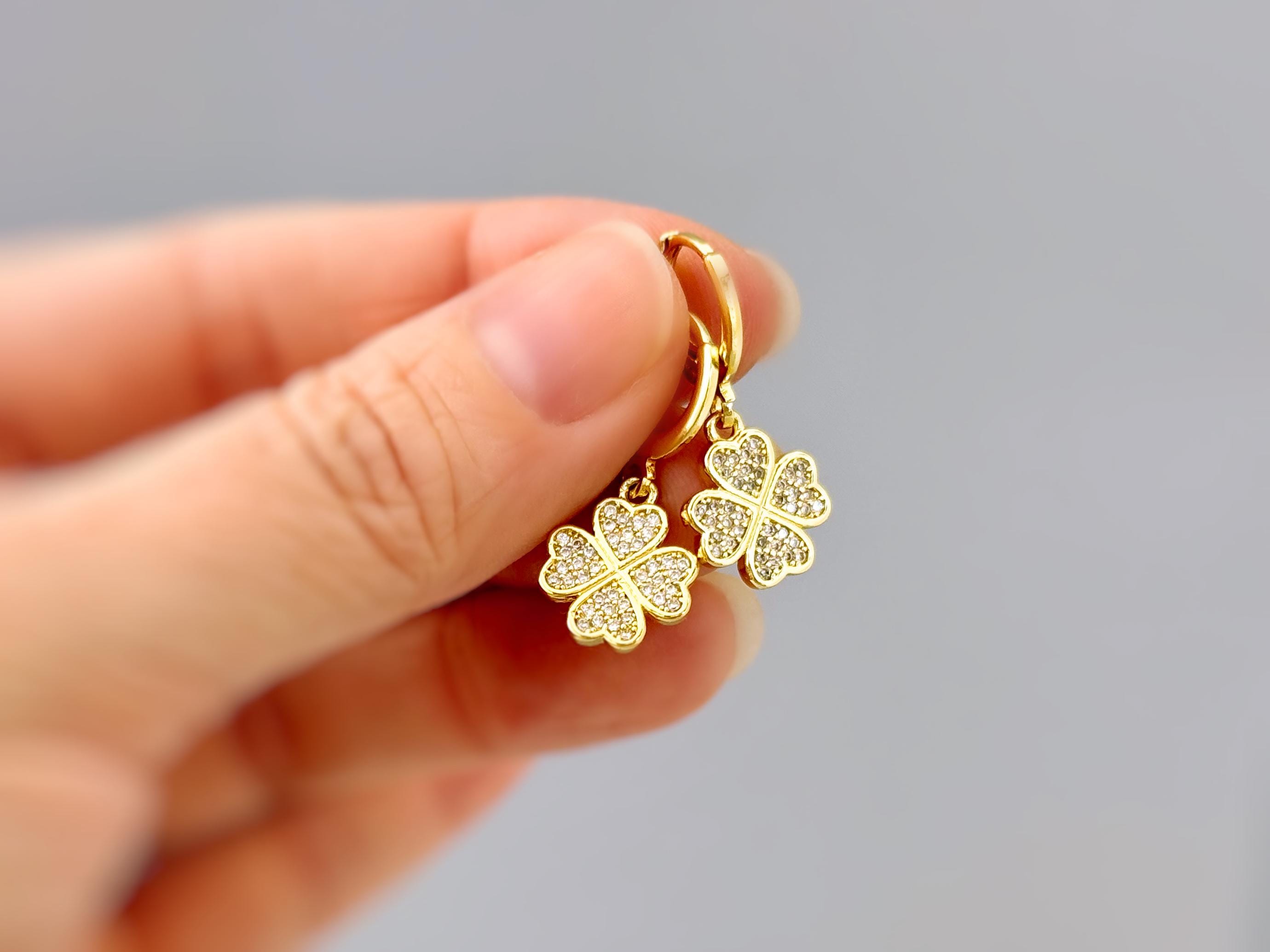 Lucky Gold Four Leaf Clover Earrings Dangle Crystal Huggie Hoops Shamrock Chrams Irish jewelry good luck St Patricks day gift for her, women