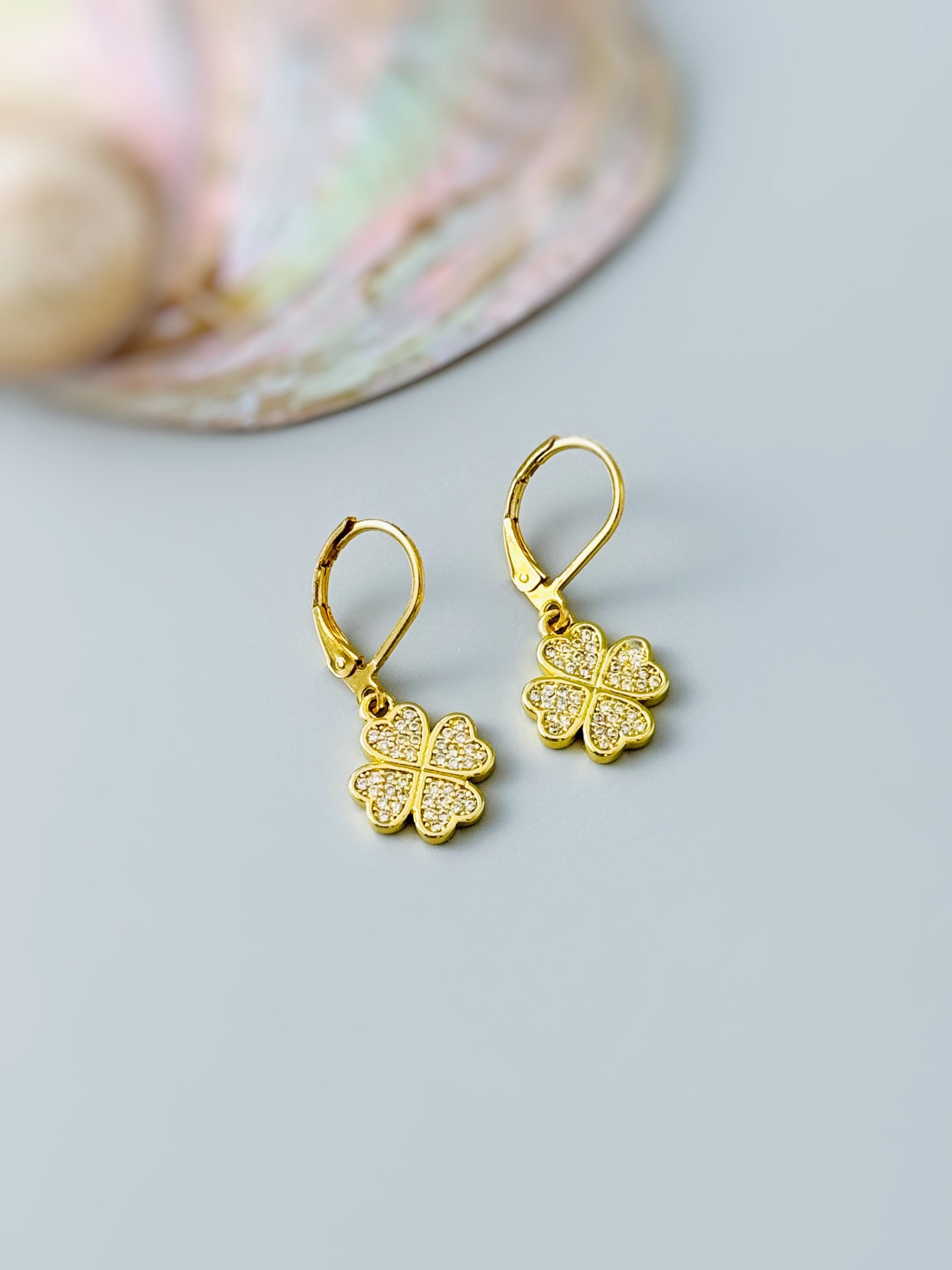Lucky Gold Four Leaf Clover Earrings Dangle Crystal Huggie Hoops Shamrock Chrams Irish jewelry good luck St Patricks day gift for her, women