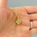 Lucky Gold Four Leaf Clover Necklace Crystal Shamrock Charm Pedant Irish jewelry St Patricks day good luck gift for graduation, women, her