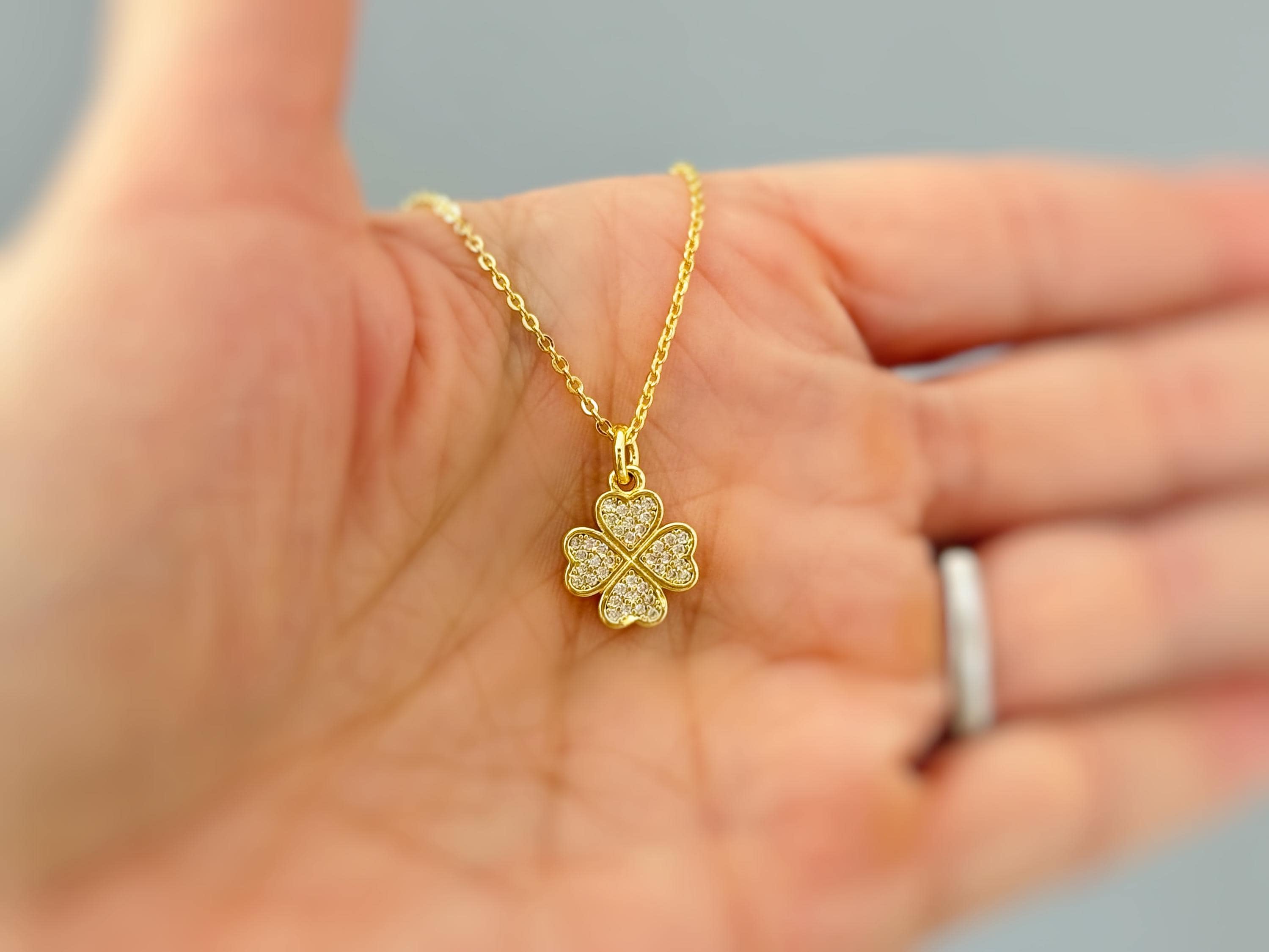 Lucky Gold Four Leaf Clover Necklace Crystal Shamrock Charm Pedant Irish jewelry St Patricks day good luck gift for graduation, women, her