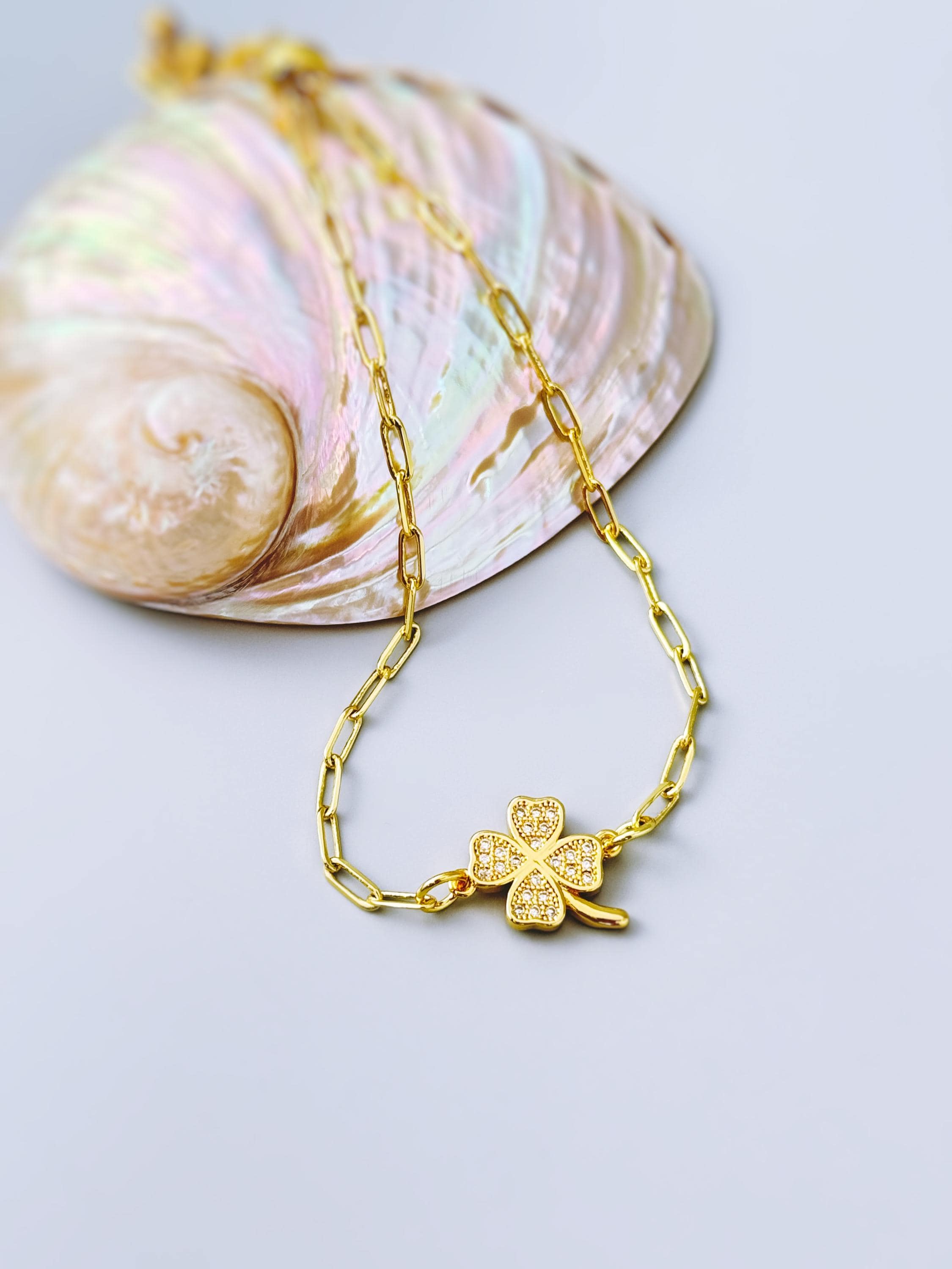 Dainty Gold Four Leaf Clover Bracelet Adjustable minimalist paperclip chain bracelet crystal charm Bracelet, St Patricks Day Gift for Her