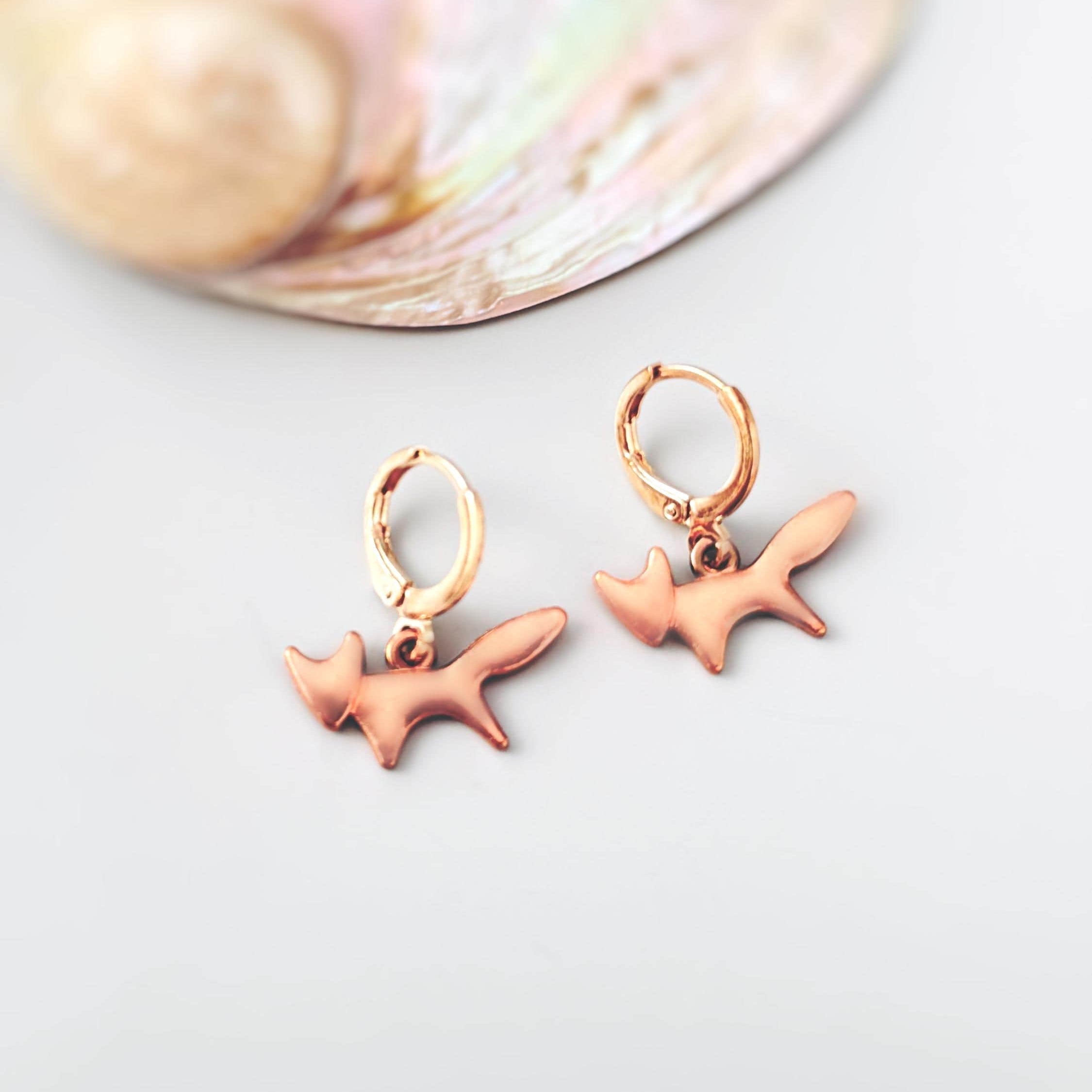 Rose Gold Fox Earrings dangle huggie hoops handmade nature woodland animal Jewelry minimalist cottagecore earrings gift for her, daughter