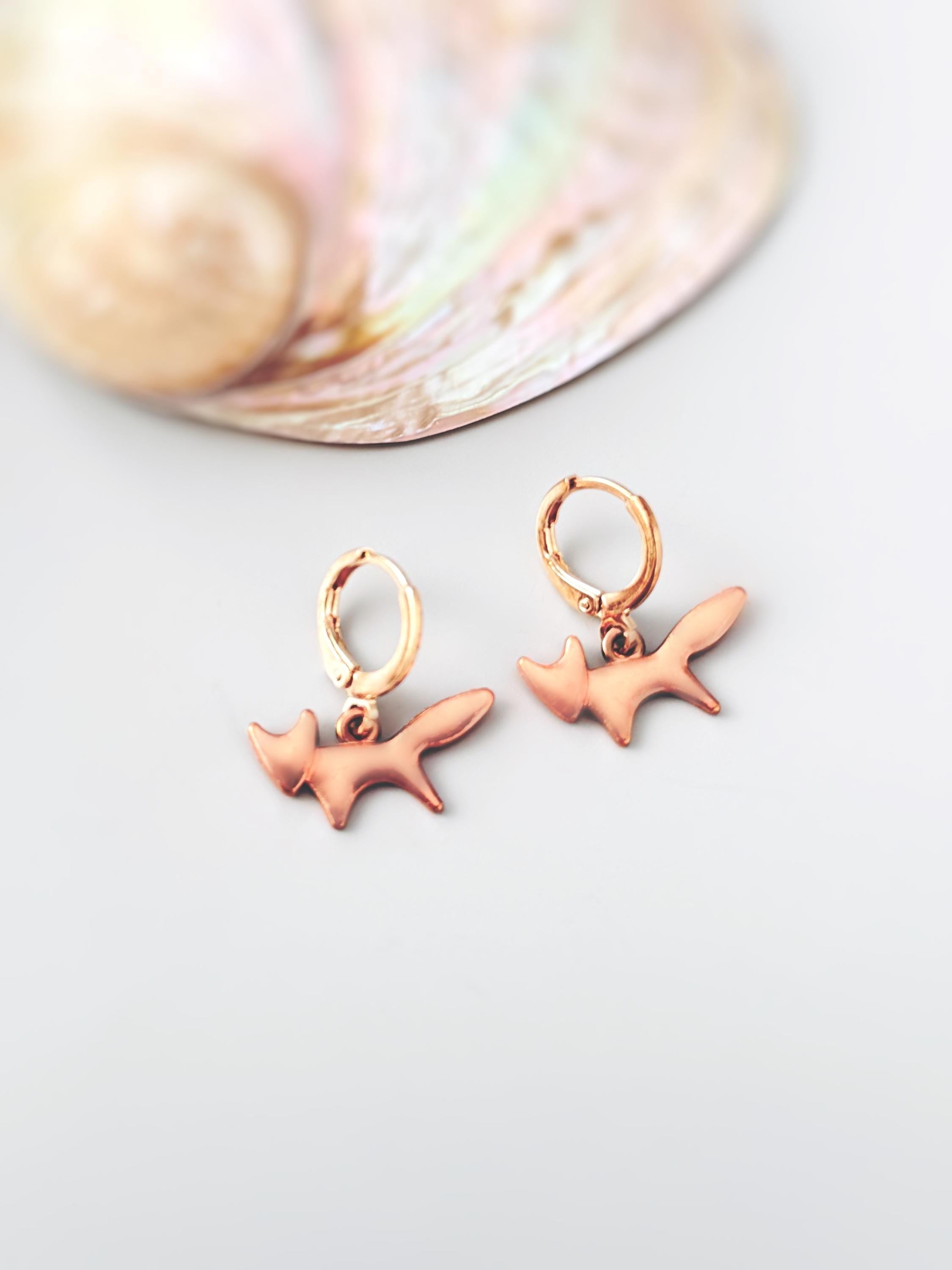 Rose Gold Fox Earrings dangle huggie hoops handmade nature woodland animal Jewelry minimalist cottagecore earrings gift for her, daughter
