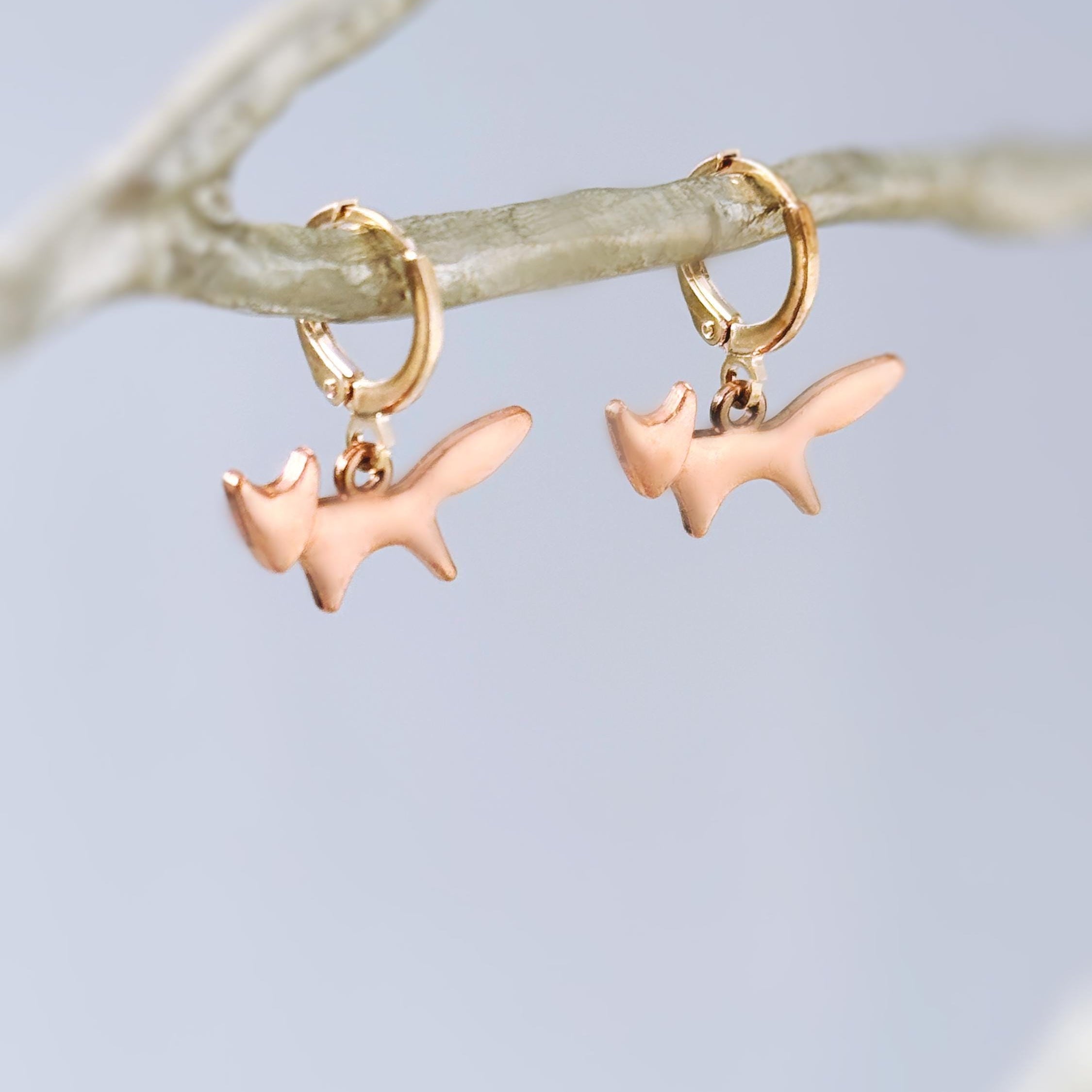 Rose Gold Fox Earrings dangle huggie hoops handmade nature woodland animal Jewelry minimalist cottagecore earrings gift for her, daughter