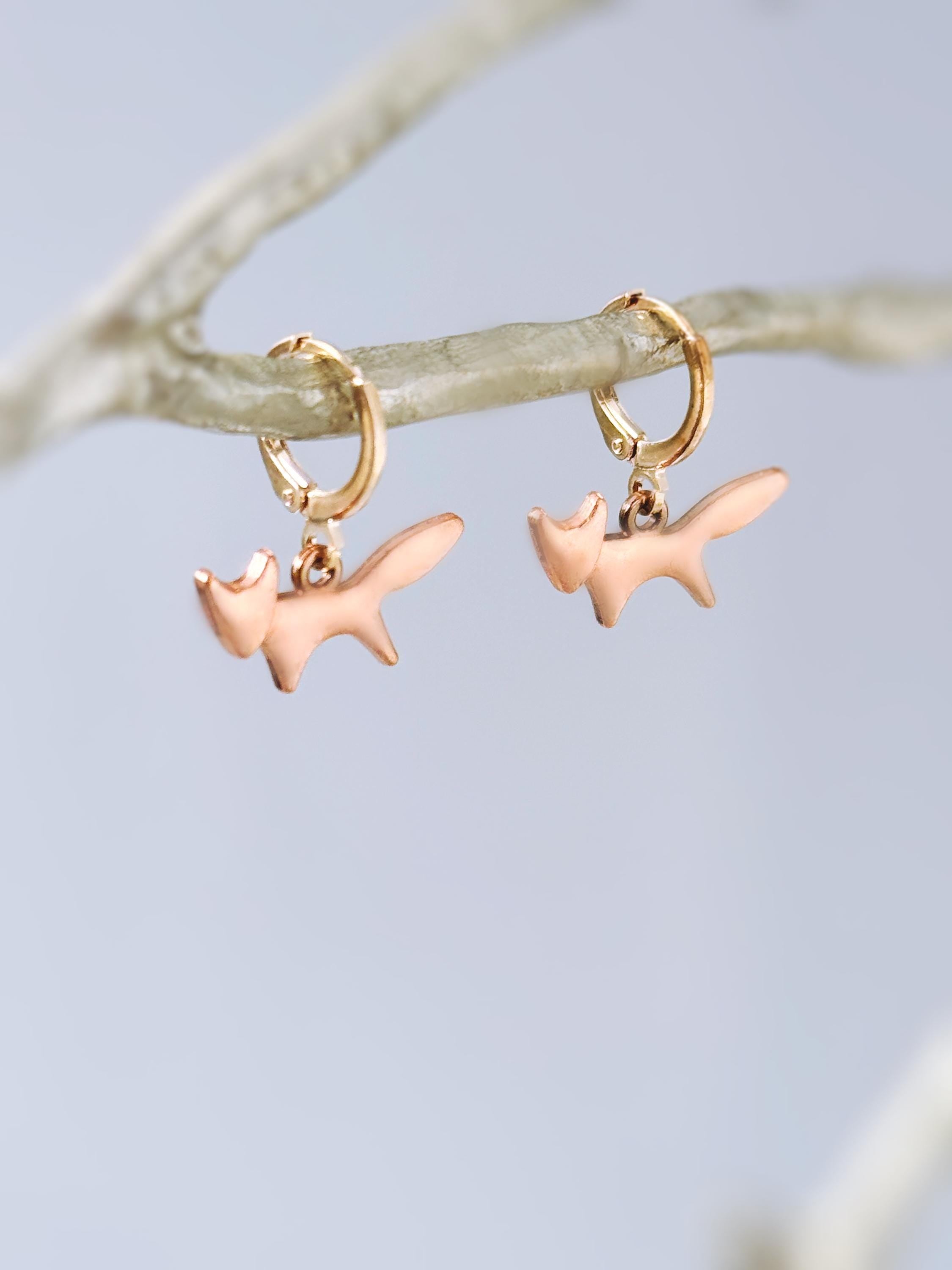 Rose Gold Fox Earrings dangle huggie hoops handmade nature woodland animal Jewelry minimalist cottagecore earrings gift for her, daughter