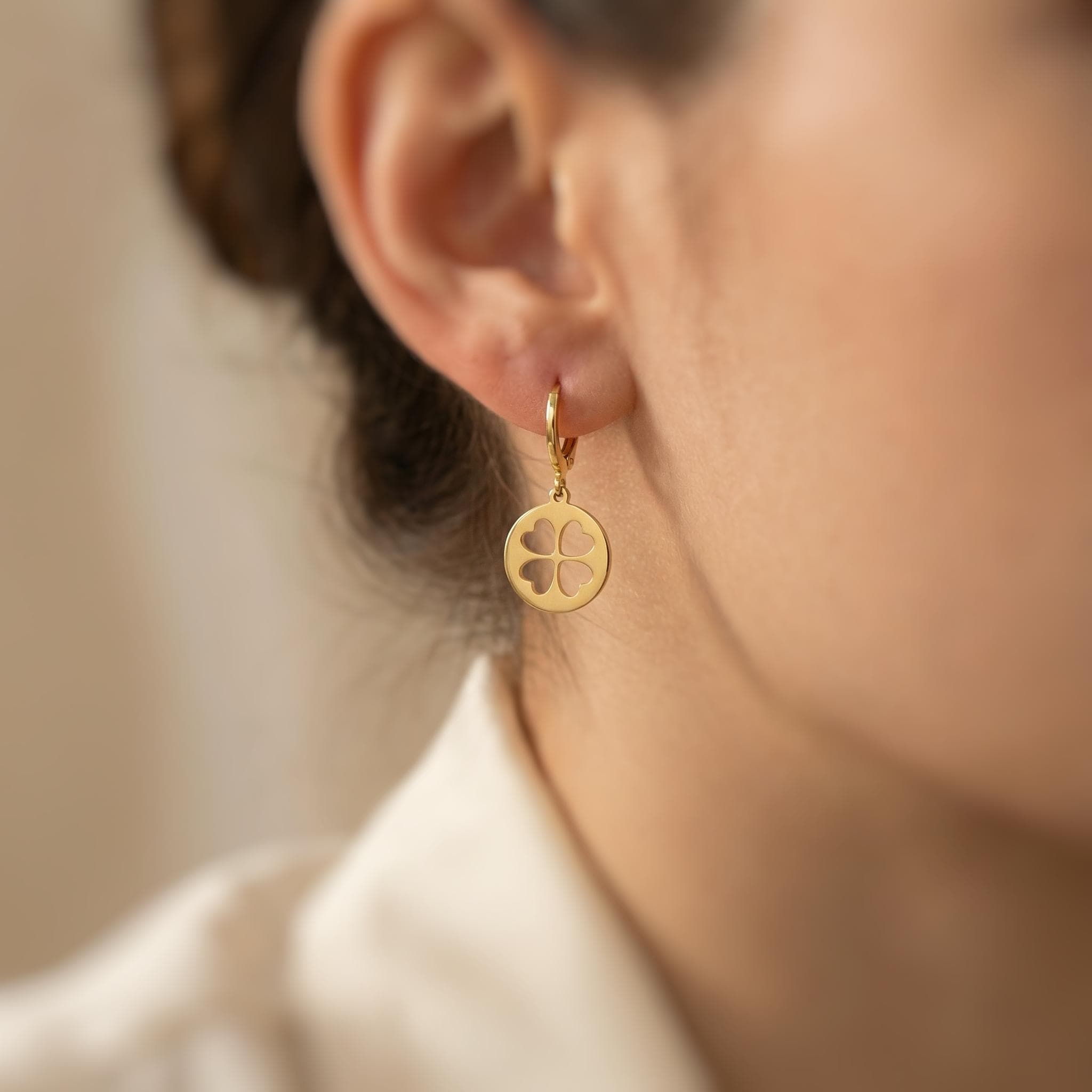 Silver Four Leaf Clover Earrings Dangle Gold minimalist Huggie Hoops lucky Shamrock charm Irish jewelry St Patricks day gift for her