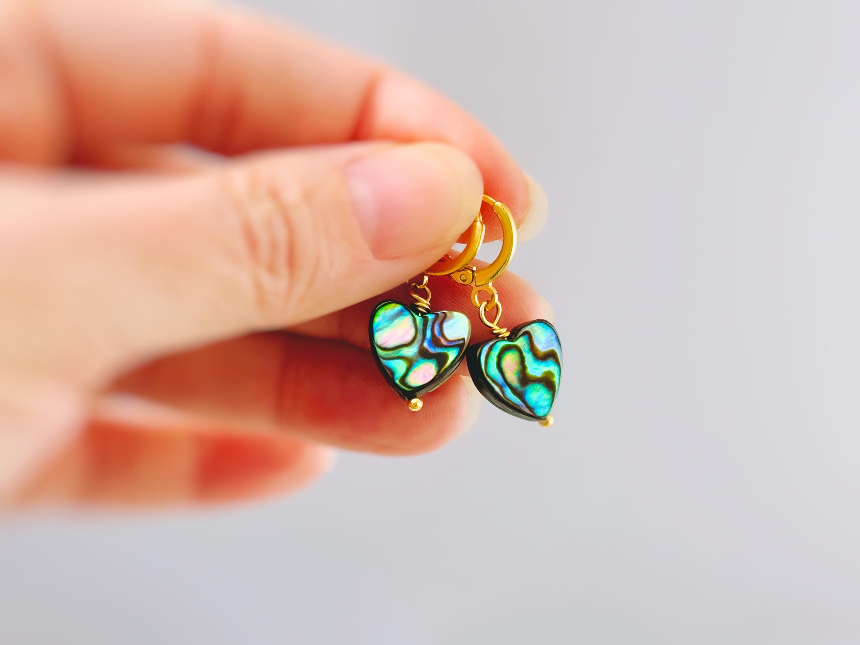 Abalone Heart Earrings Huggie Hoops Gold, Silver, Rose Gold dangle handmade, colorful ocean beach wedding summer jewelry gift for surfers