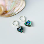 Abalone Heart Earrings Huggie Hoops Gold, Silver, Rose Gold dangle handmade, colorful ocean beach wedding summer jewelry gift for surfers