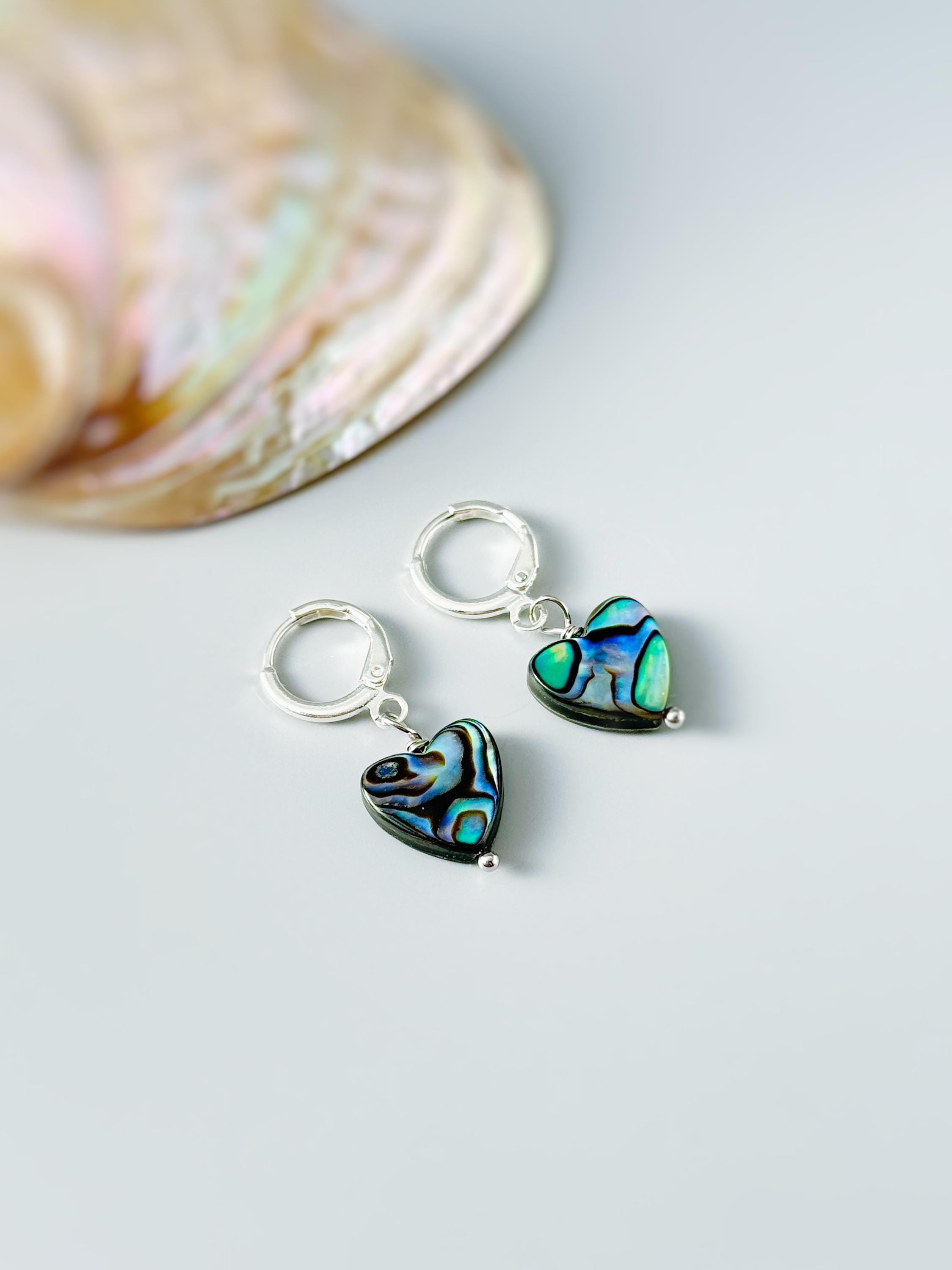 Abalone Heart Earrings Huggie Hoops Gold, Silver, Rose Gold dangle handmade, colorful ocean beach wedding summer jewelry gift for surfers