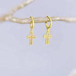 Dainty Gold Cross Earrings dangle huggie hoop minimalist crystal religious faith jewelry for her Christian baptism confirmation Easter gift